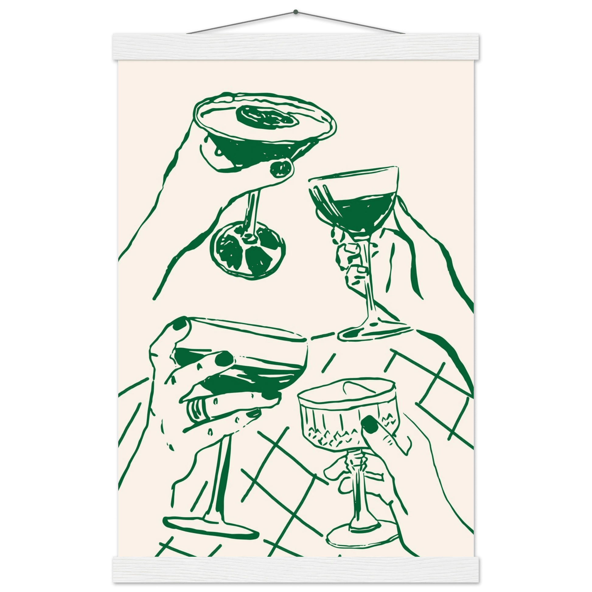 Cheers Print | Forest Green Cocktail Glasses Wall Art | Kitchen Bar Poster - Evergreen Posters
