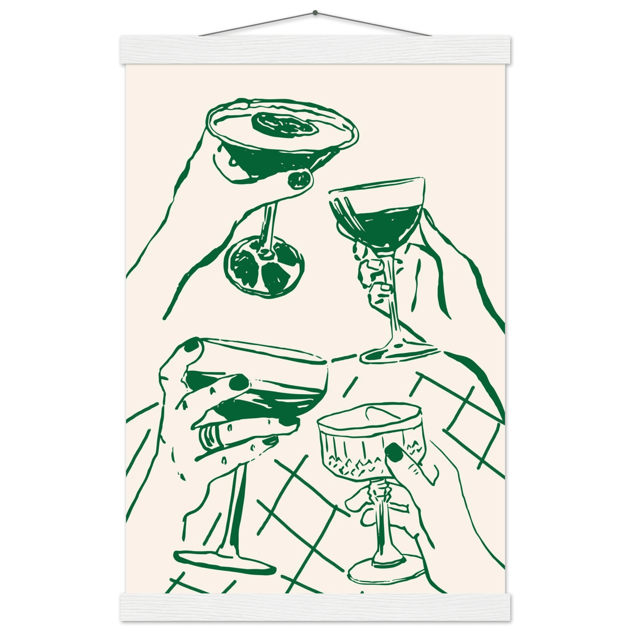 Cheers Print | Forest Green Cocktail Glasses Wall Art | Kitchen Bar Poster - Evergreen Posters