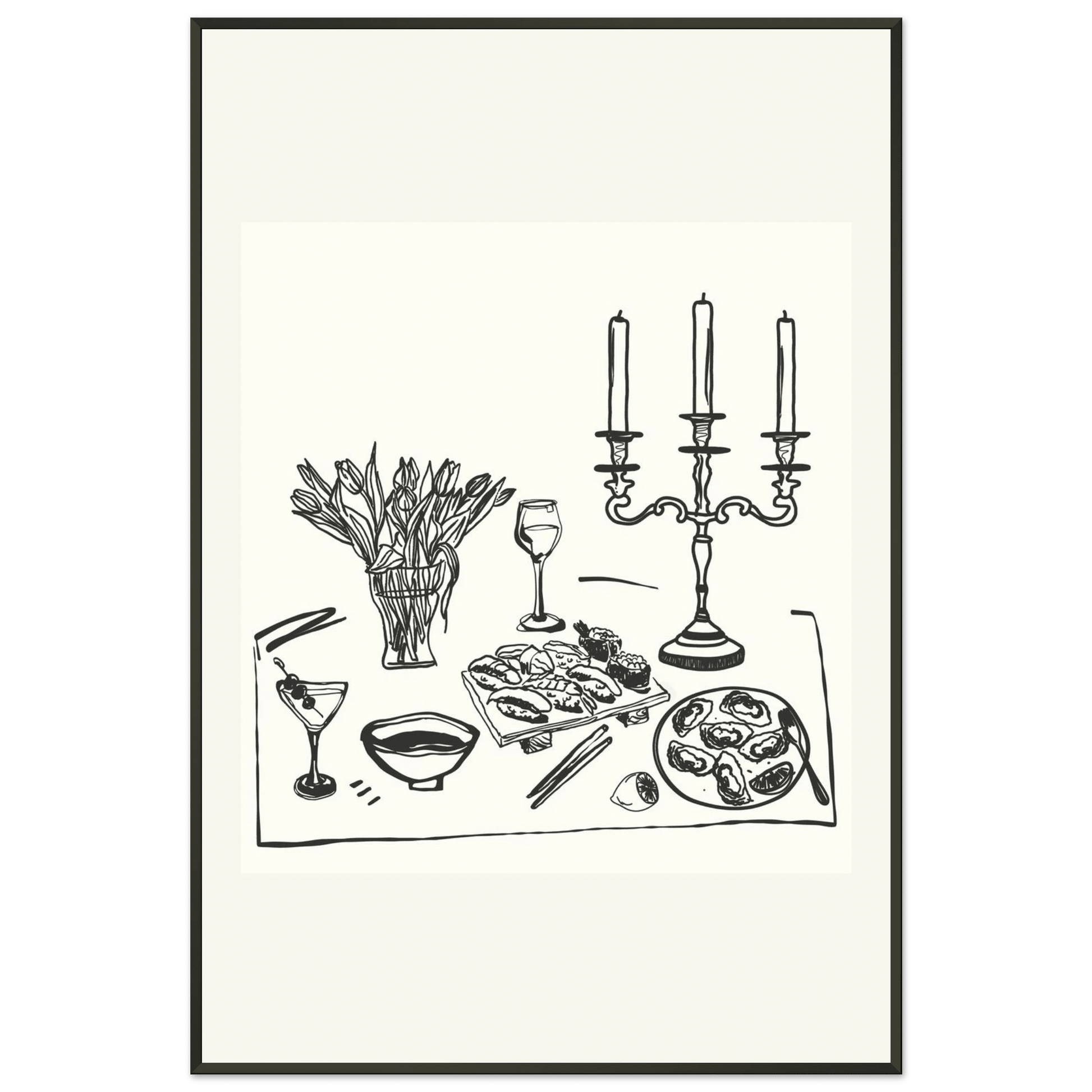 Fine Dining Table Print | Black Line Art Kitchen Wall Art | Elegant Dining Room Poster - Evergreen Posters