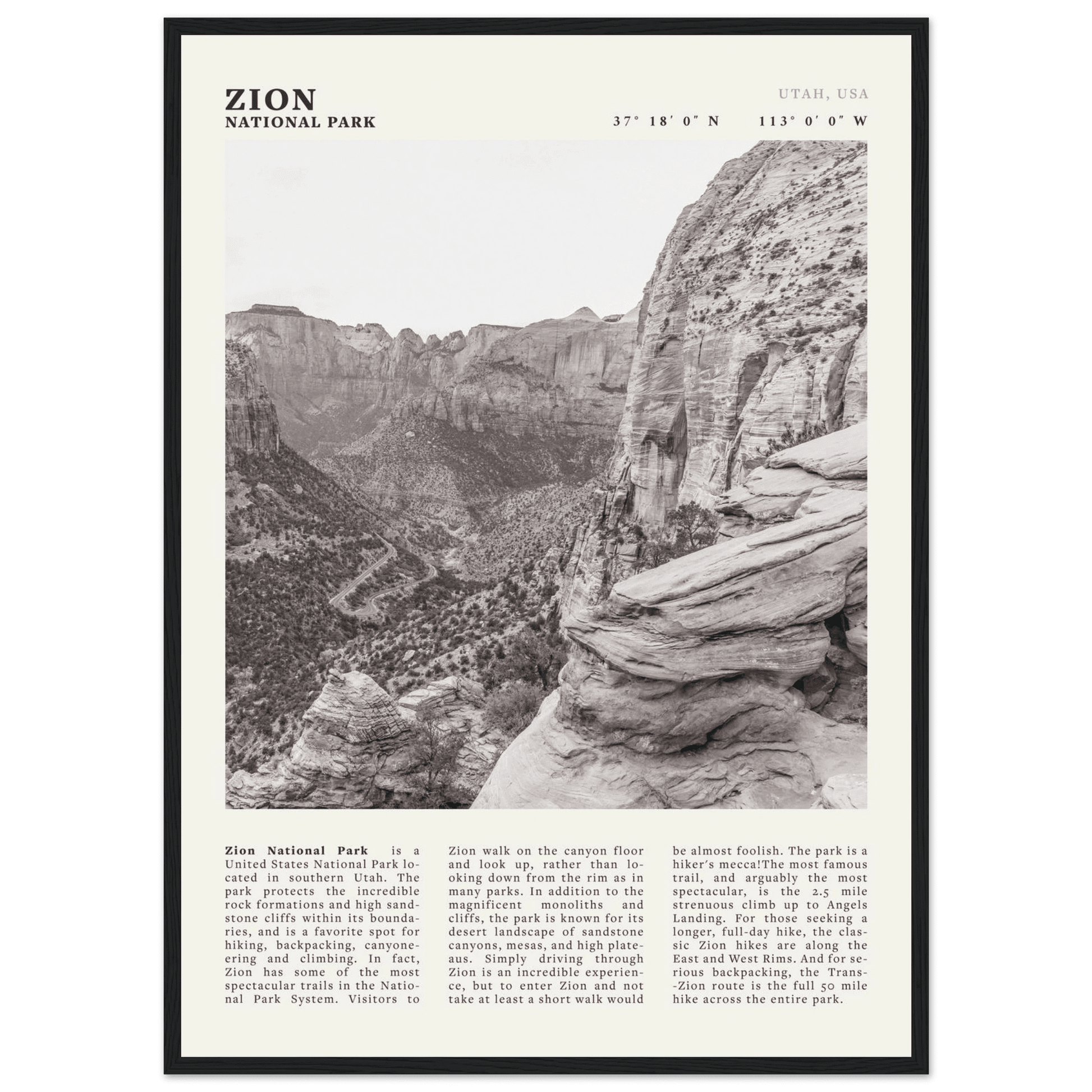Zion National Park Poster | Black & White Utah Canyon Wall Art | USA Travel Print - Evergreen Posters