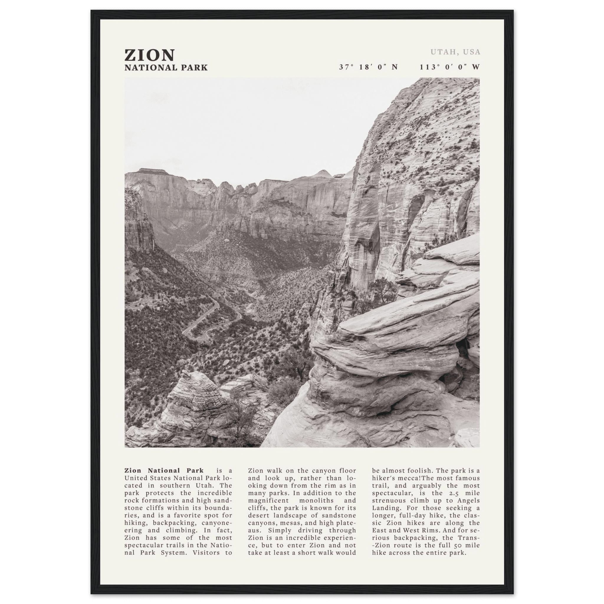 Zion National Park Poster | Black & White Utah Canyon Wall Art | USA Travel Print - Evergreen Posters