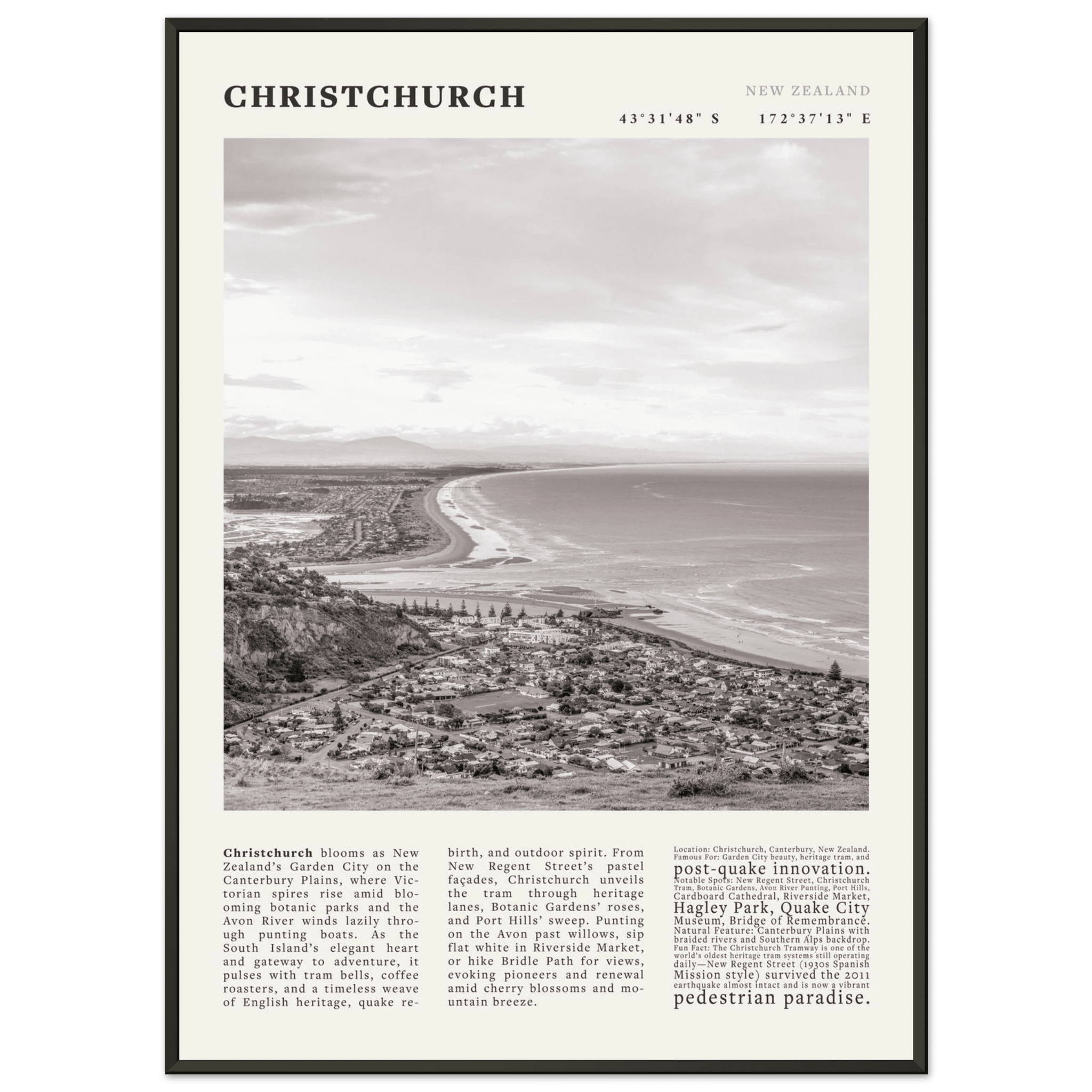 Christchurch New Zealand Poster Black and White – Vintage Garden City Panorama Print - Evergreen Posters