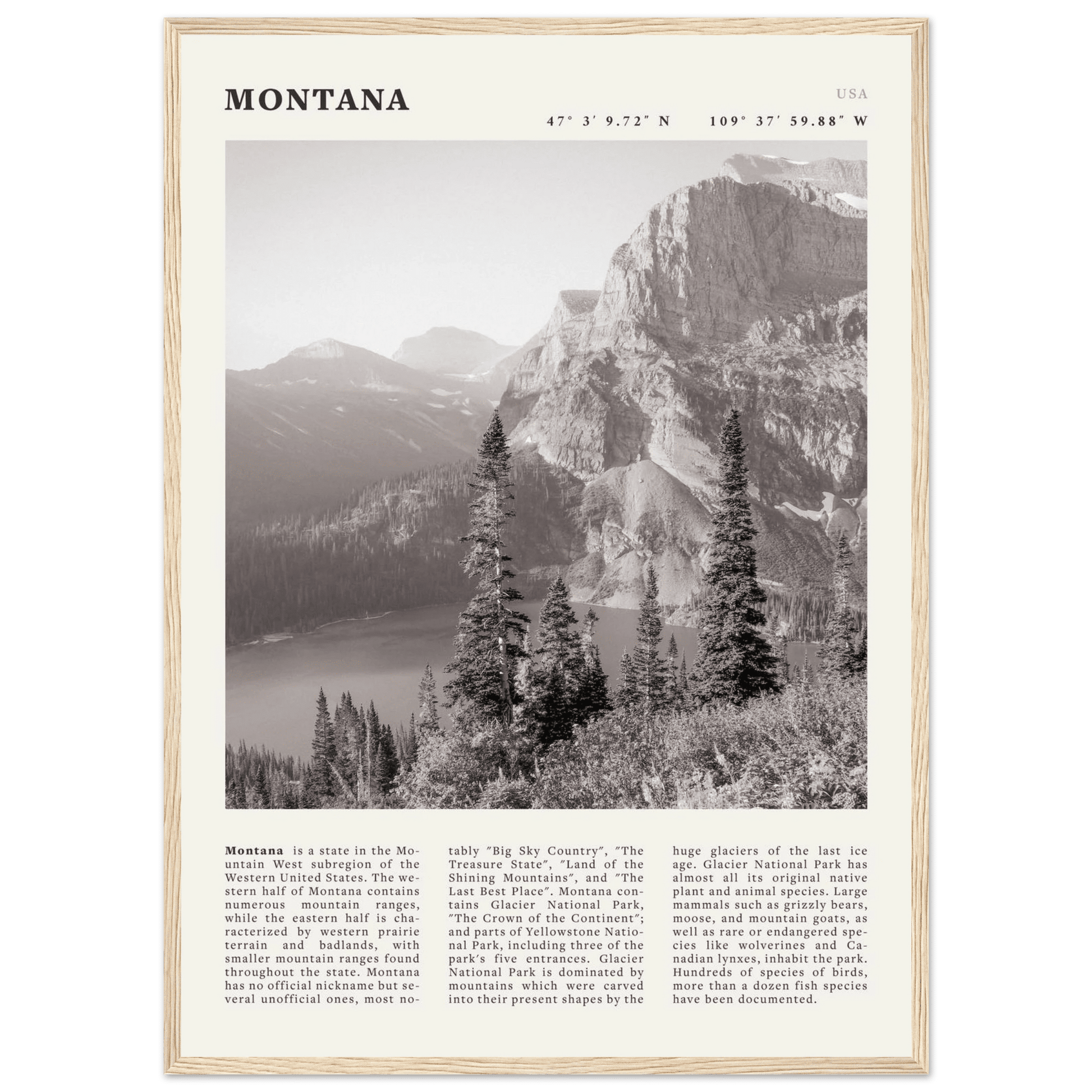 Montana Poster | Black & White Glacier National Park Wall Art | Nature Travel Print - Evergreen Posters