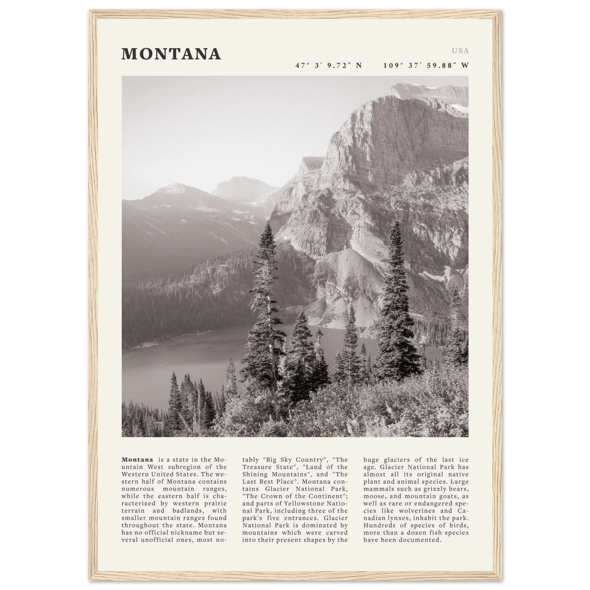 Montana Poster | Black & White Glacier National Park Wall Art | Nature Travel Print - Evergreen Posters