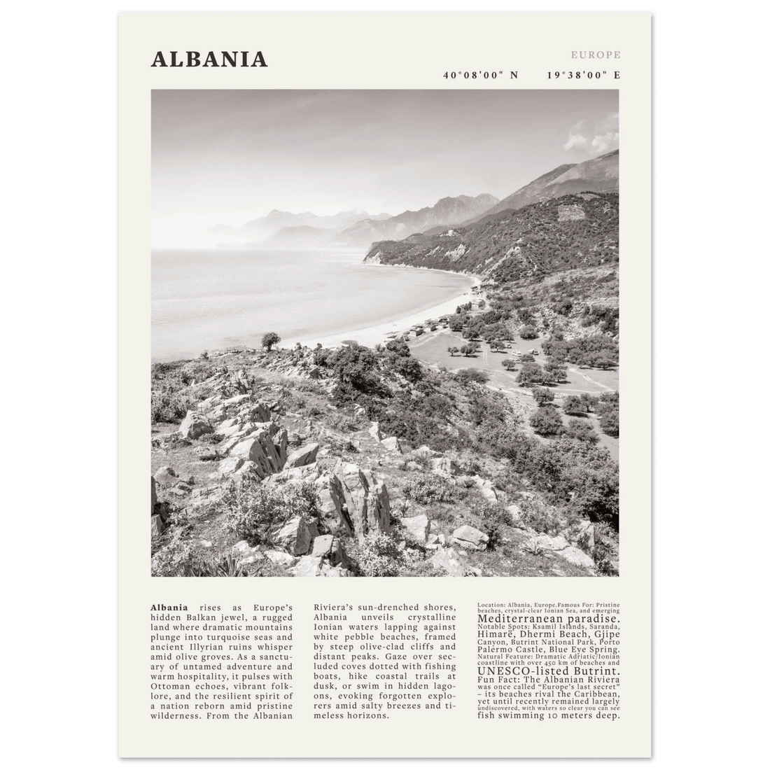 Albania Poster Black and White – Vintage Albanian Riviera Travel Print (Digital & Printed Options) - Evergreen Posters
