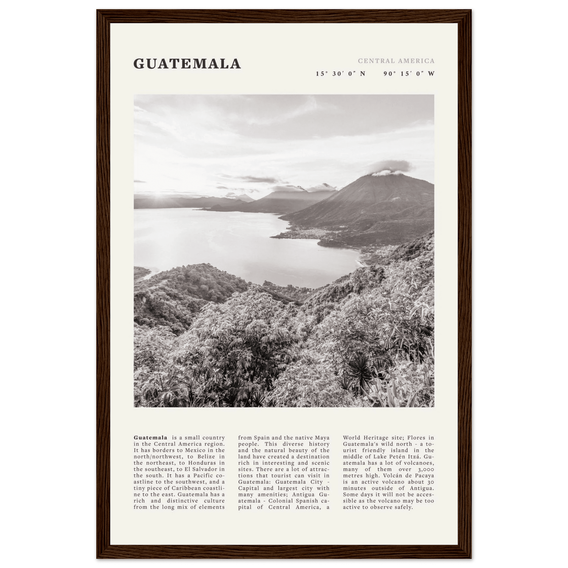 Guatemala Poster | Black & White Lake Atitlan Wall Art | Central America Travel Print - Evergreen Posters