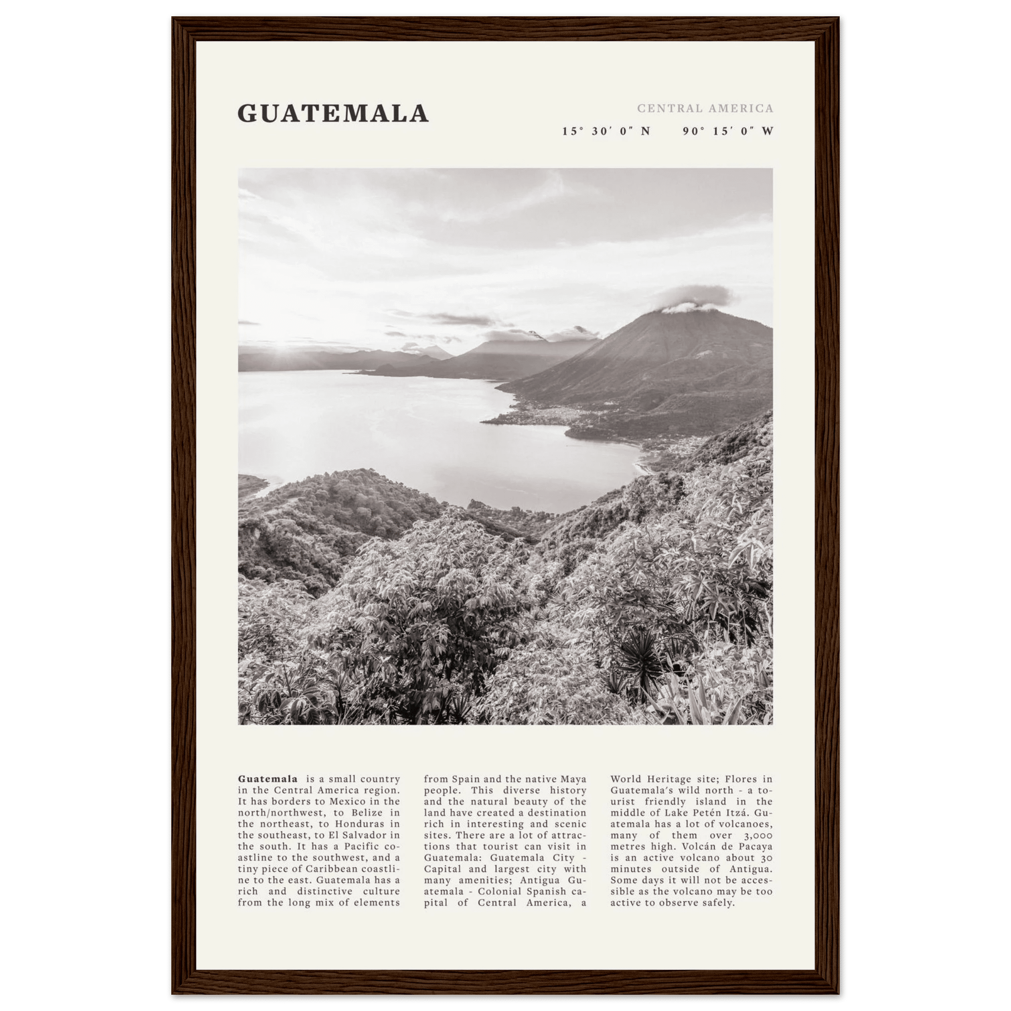 Guatemala Poster | Black & White Lake Atitlan Wall Art | Central America Travel Print - Evergreen Posters