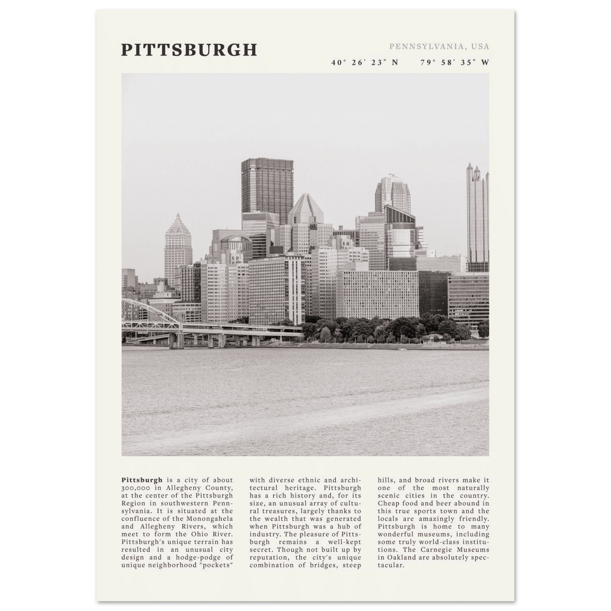 Pittsburgh Poster | Black & White Pennsylvania Skyline Wall Art | PA Travel Print - Evergreen Posters