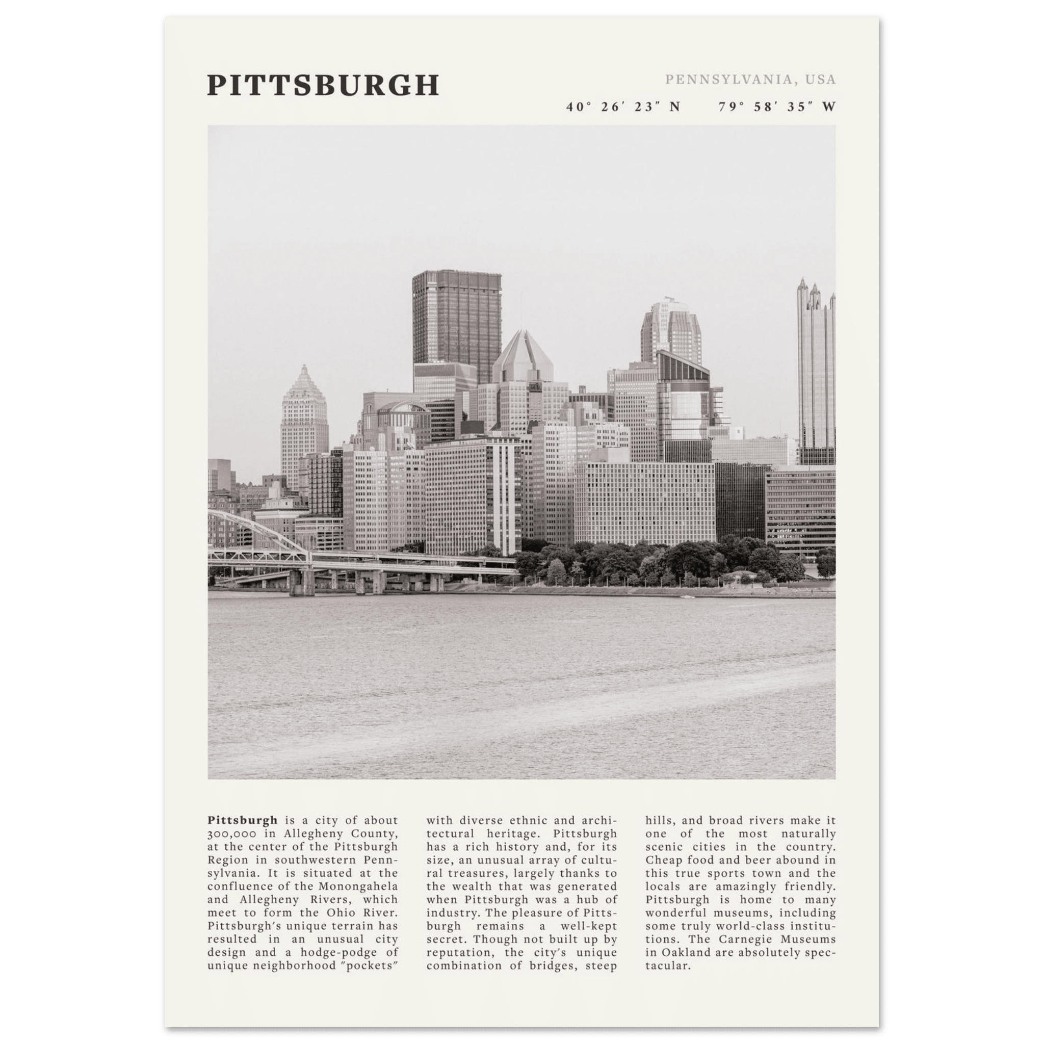 Pittsburgh Poster | Black & White Pennsylvania Skyline Wall Art | PA Travel Print - Evergreen Posters