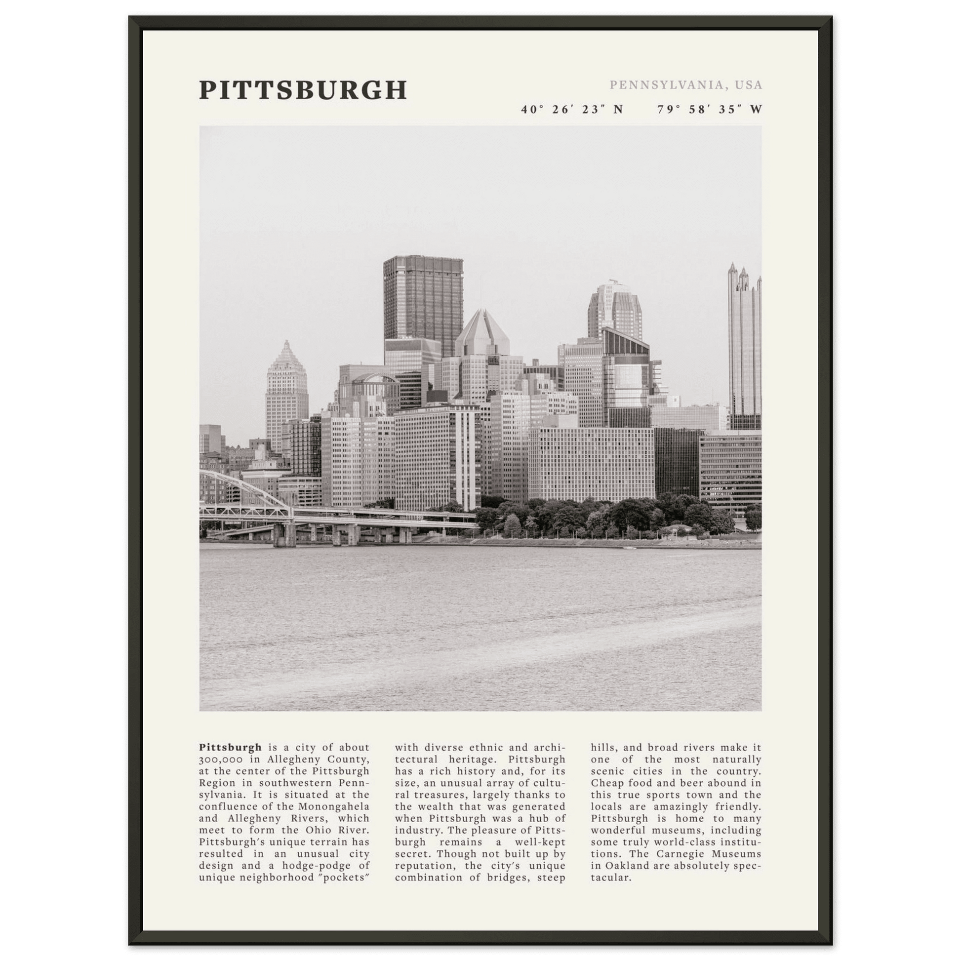 Pittsburgh Poster | Black & White Pennsylvania Skyline Wall Art | PA Travel Print - Evergreen Posters