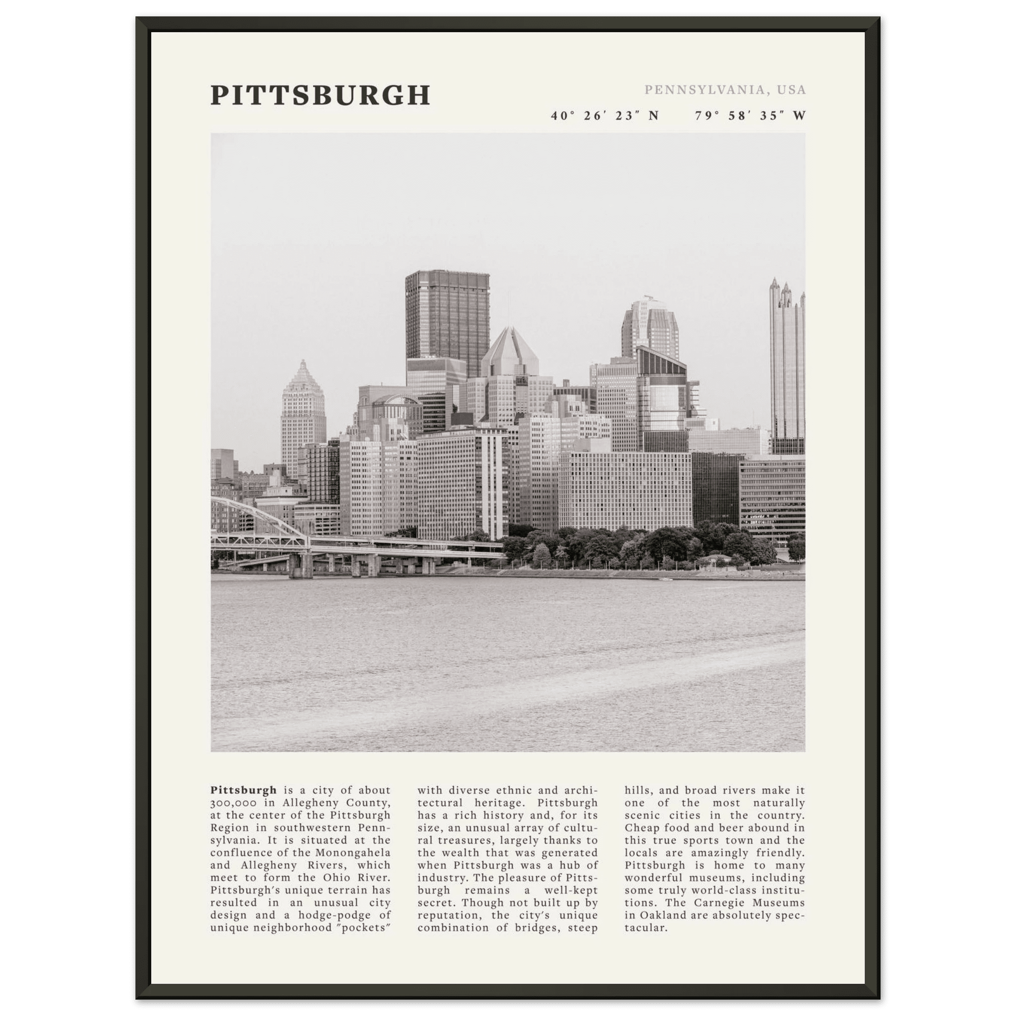 Pittsburgh Poster | Black & White Pennsylvania Skyline Wall Art | PA Travel Print - Evergreen Posters
