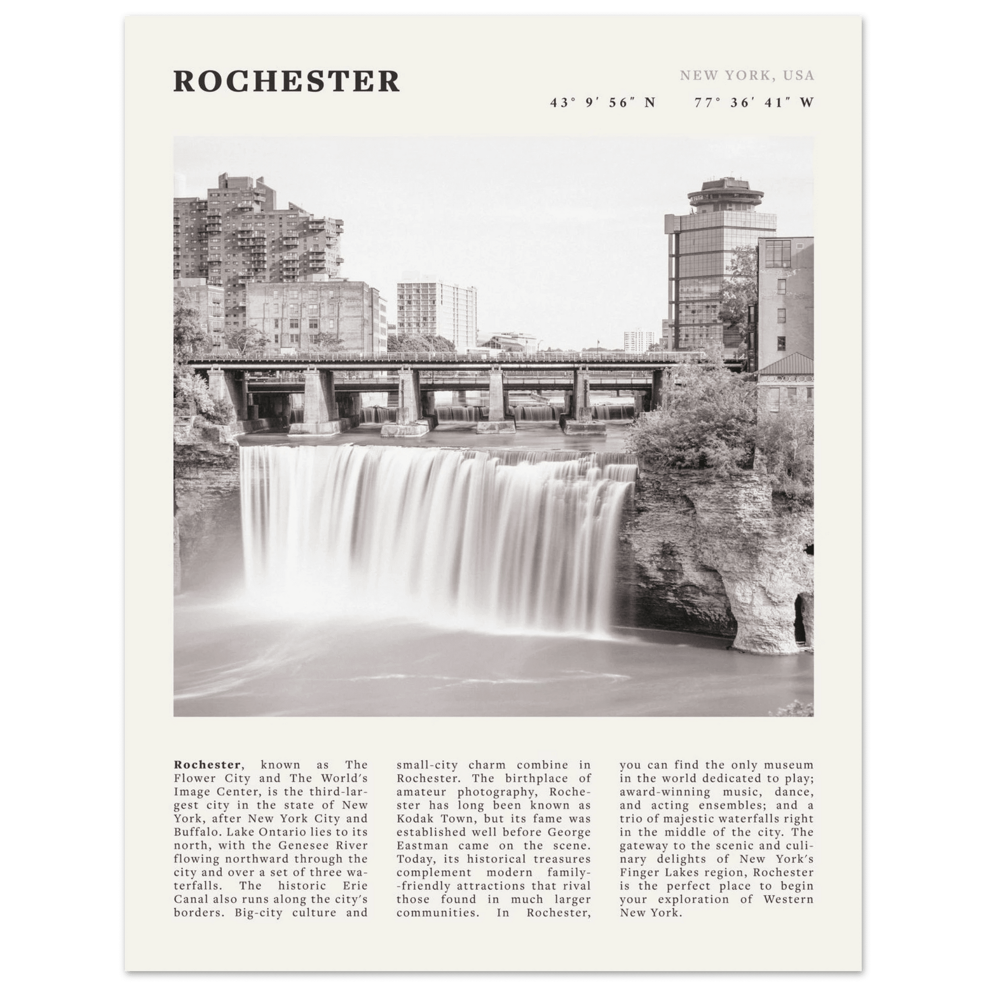 Rochester Poster | Black & White High Falls Wall Art | New York Travel Print - Evergreen Posters