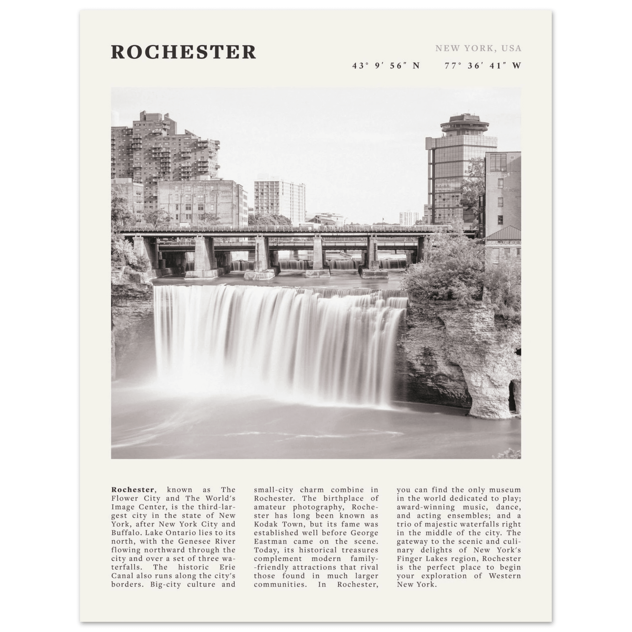 Rochester Poster | Black & White High Falls Wall Art | New York Travel Print - Evergreen Posters