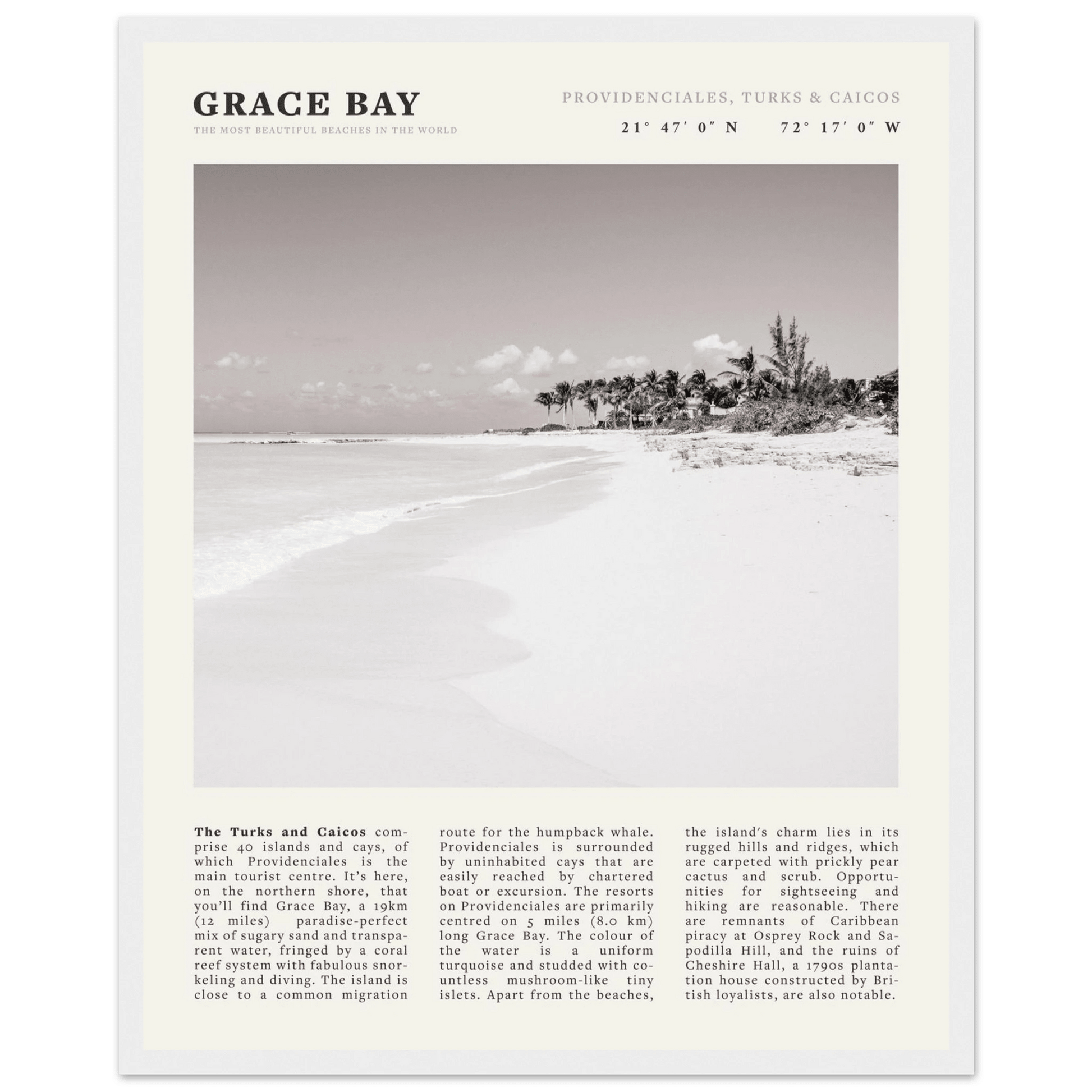 Grace Bay Poster | Black & White Turks & Caicos Wall Art | Caribbean Beach Print - Evergreen Posters