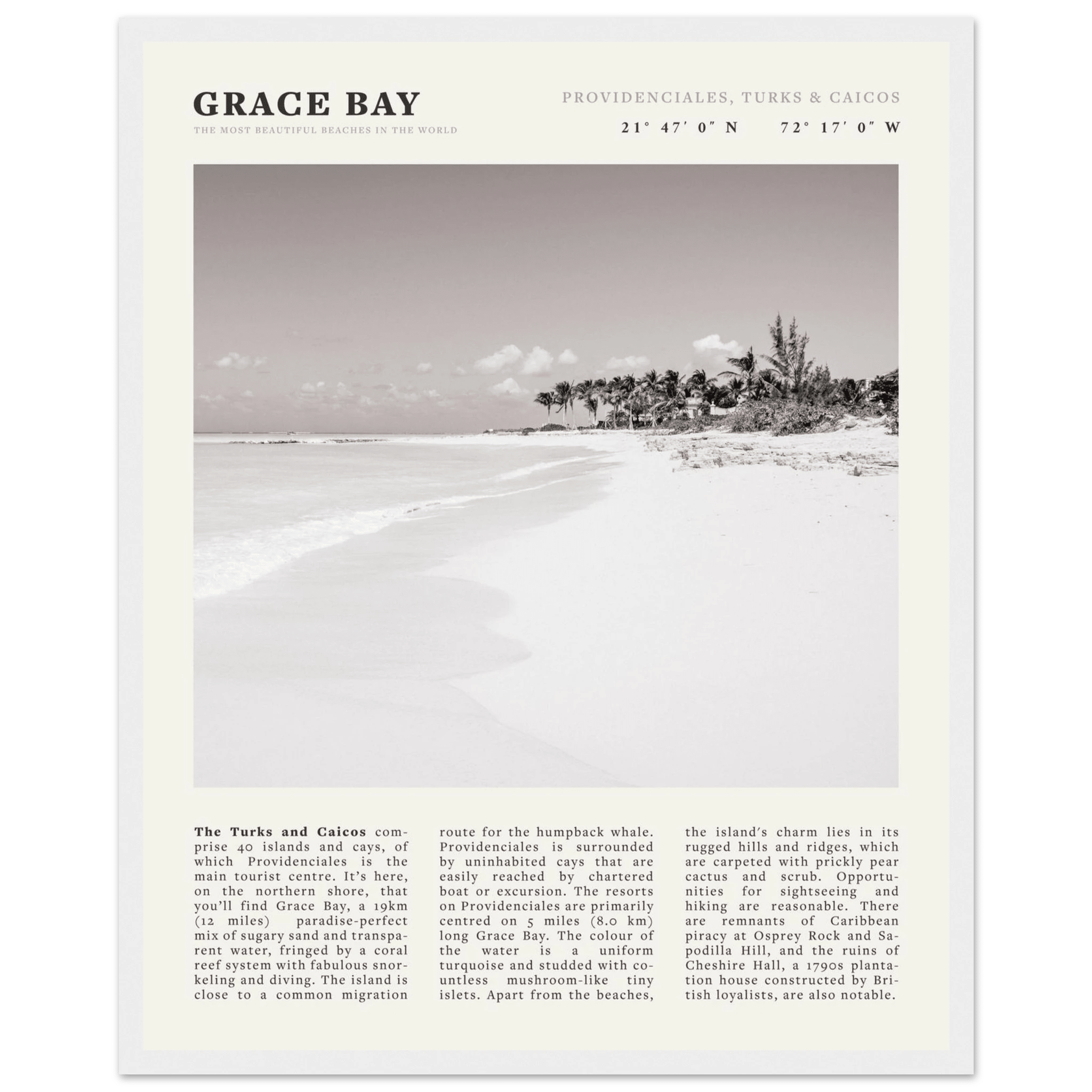 Grace Bay Poster | Black & White Turks & Caicos Wall Art | Caribbean Beach Print - Evergreen Posters
