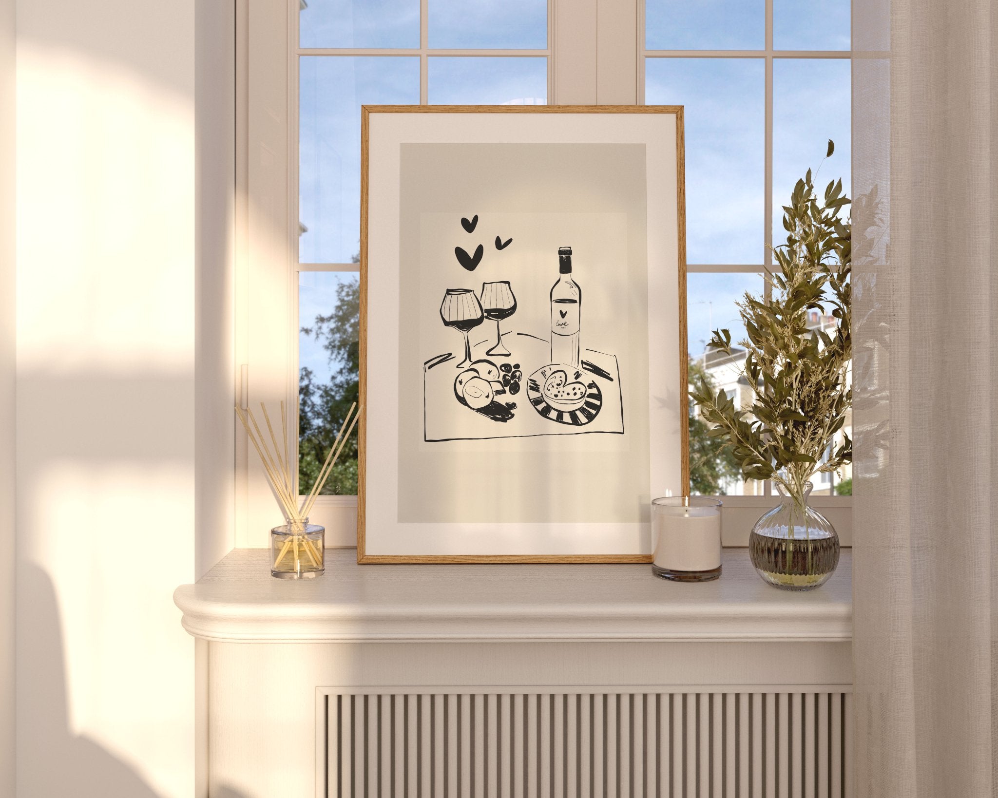 Wine for Two Print | Black Line Art Romantic Kitchen Wall Art | Couples Poster - Evergreen Posters