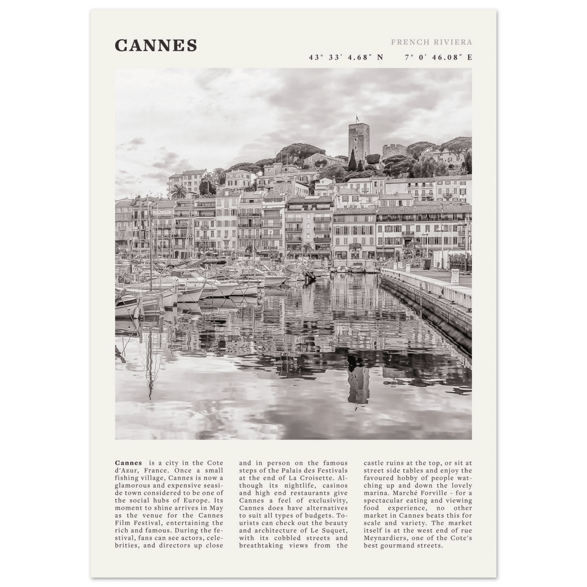 Cannes Poster | Black & White French Riviera Wall Art | France Travel Print - Evergreen Posters