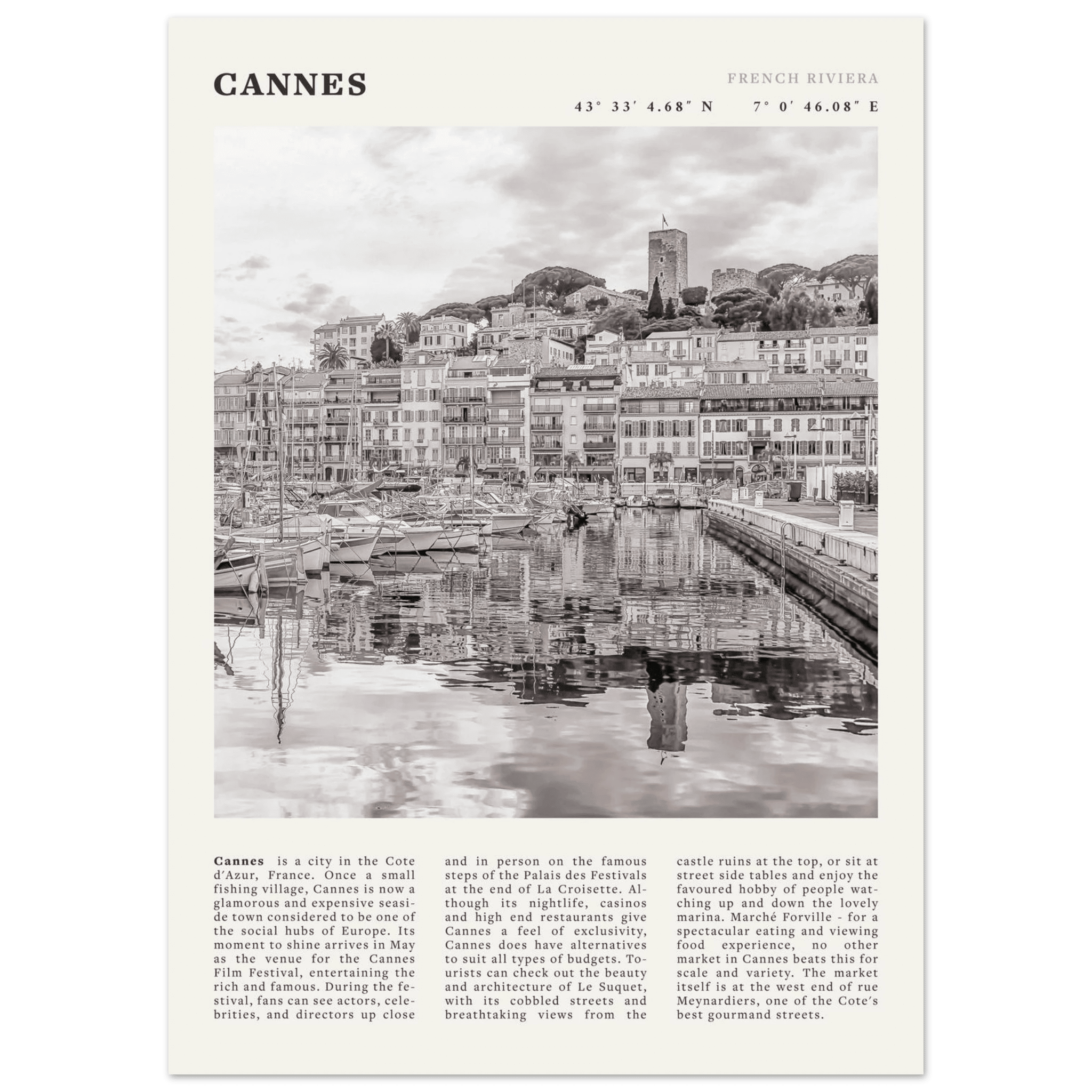 Cannes Poster | Black & White French Riviera Wall Art | France Travel Print - Evergreen Posters