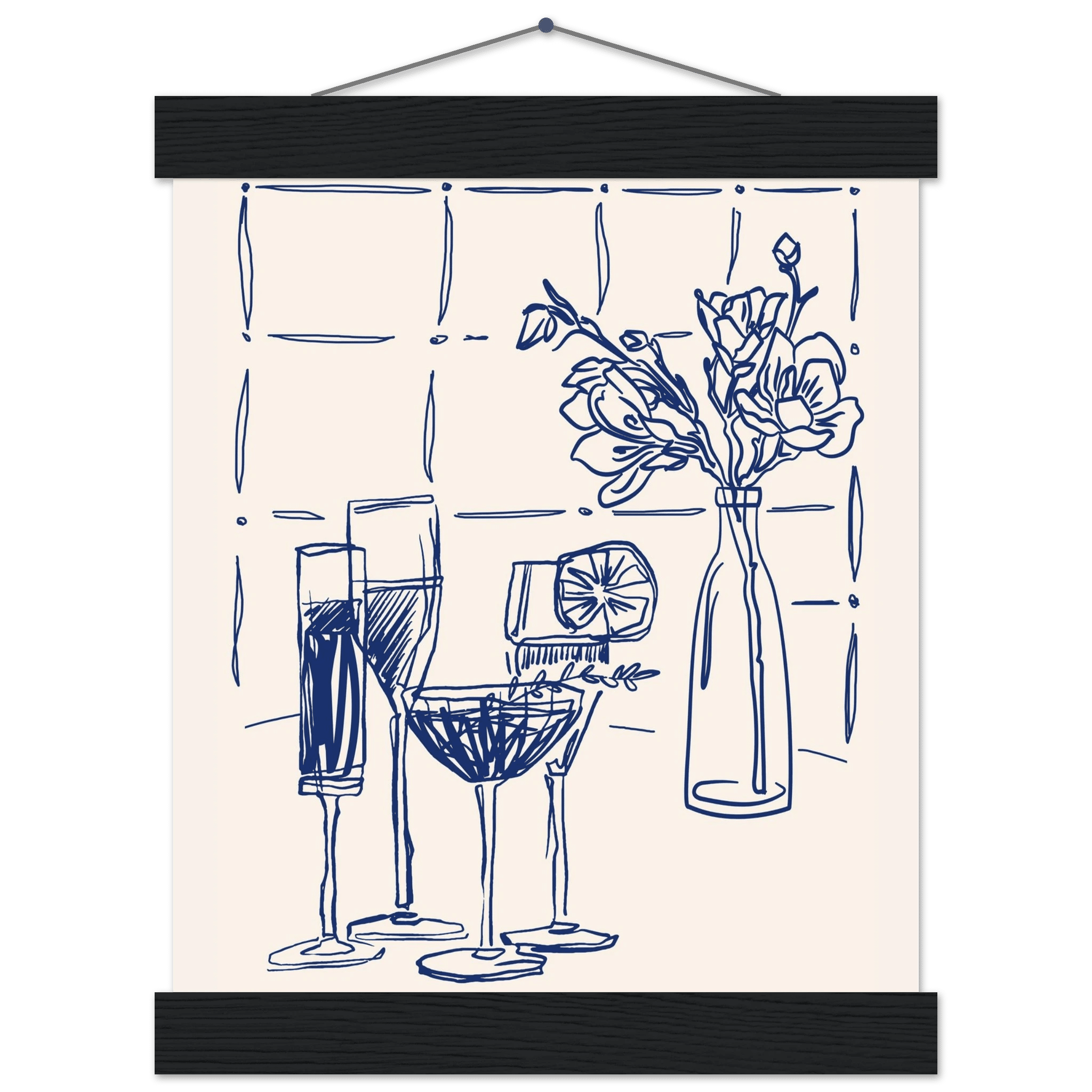 Cocktails & Flowers Print | Navy Blue Line Art Drinks Wall Art | Kitchen Bar Poster - Evergreen Posters
