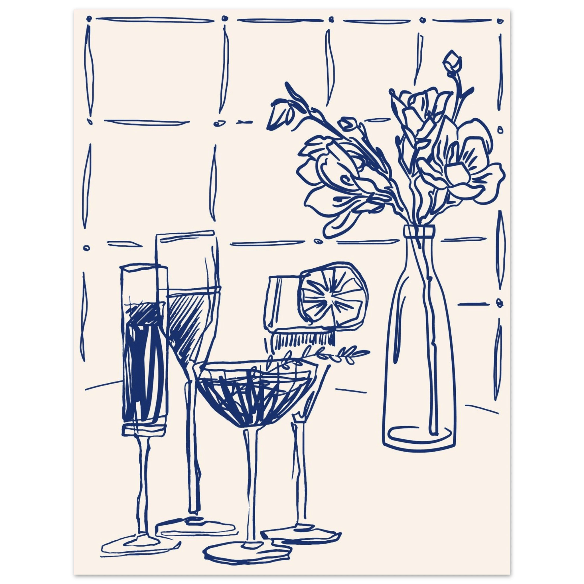 Cocktails & Flowers Print | Navy Blue Line Art Drinks Wall Art | Kitchen Bar Poster - Evergreen Posters