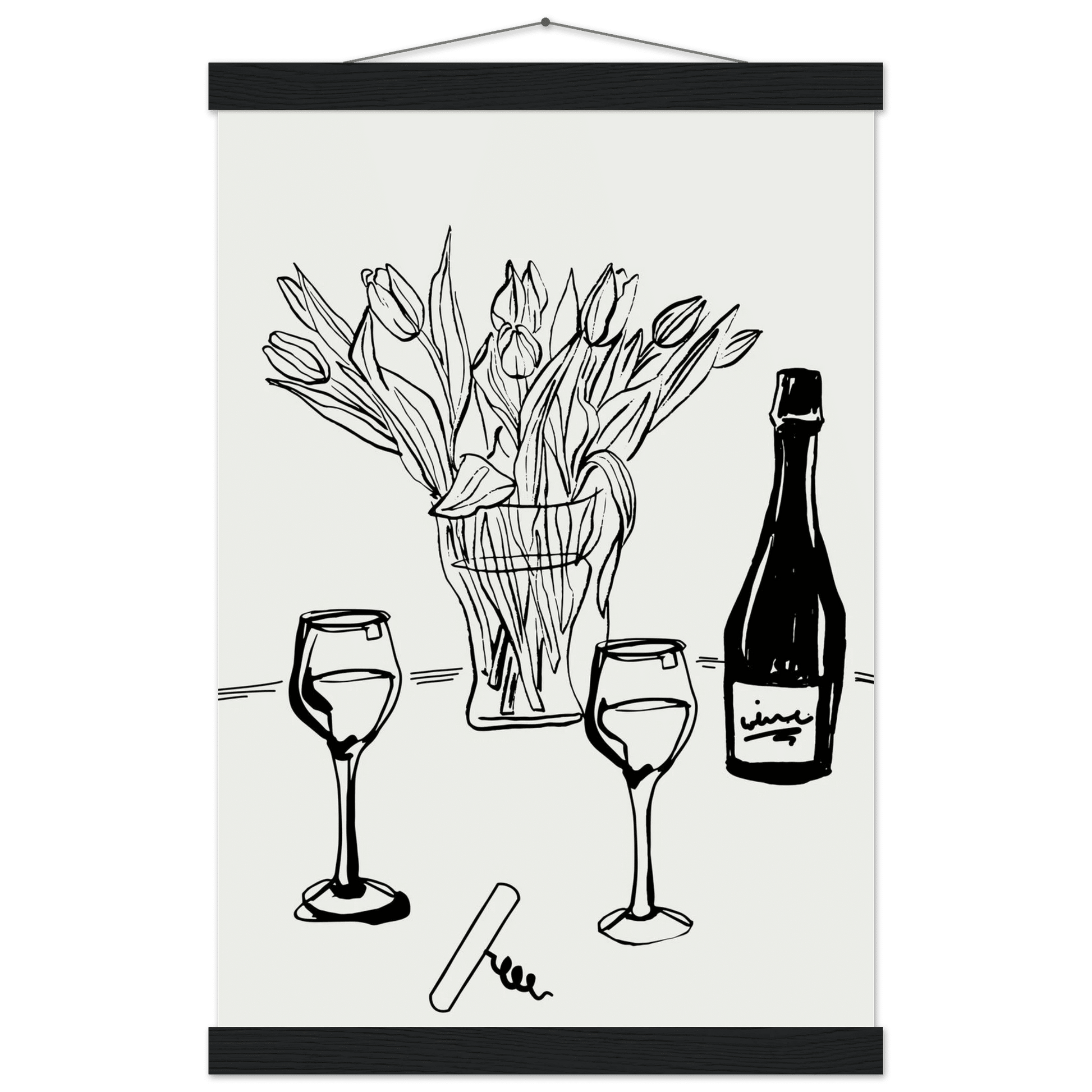 Wine & Tulips Print | Black Line Art Wine Bottle Wall Art | Minimalist Kitchen Poster - Evergreen Posters