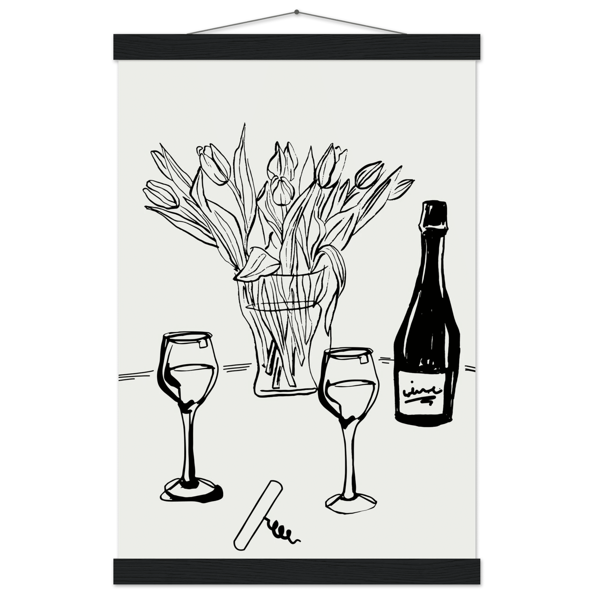 Wine & Tulips Print | Black Line Art Wine Bottle Wall Art | Minimalist Kitchen Poster - Evergreen Posters