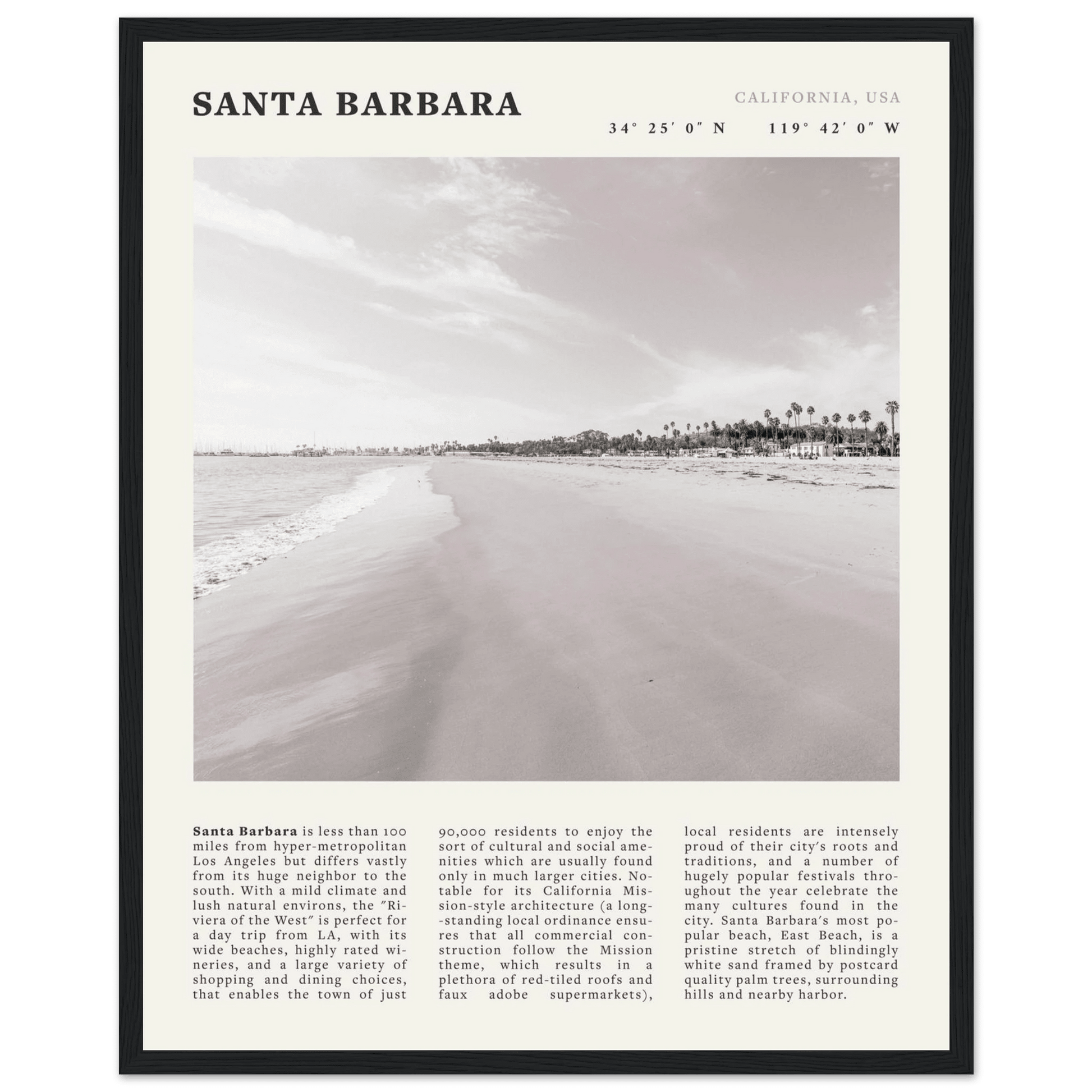 Santa Barbara Poster | Black & White California Beach Wall Art | CA Travel Print - Evergreen Posters