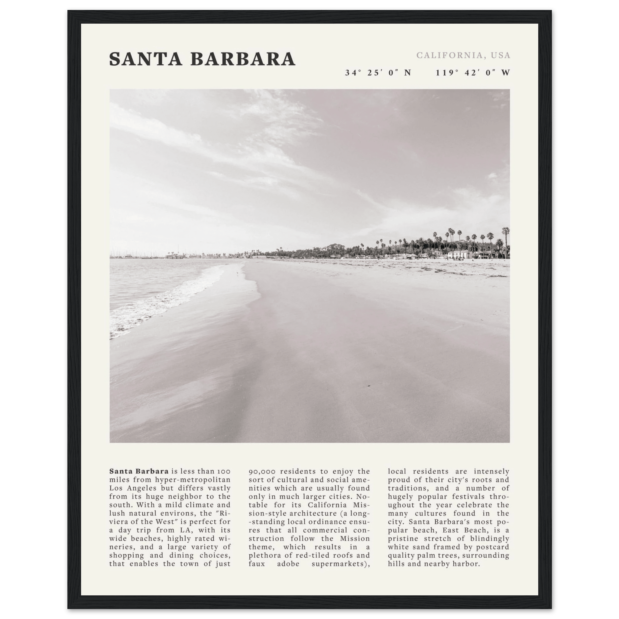 Santa Barbara Poster | Black & White California Beach Wall Art | CA Travel Print - Evergreen Posters