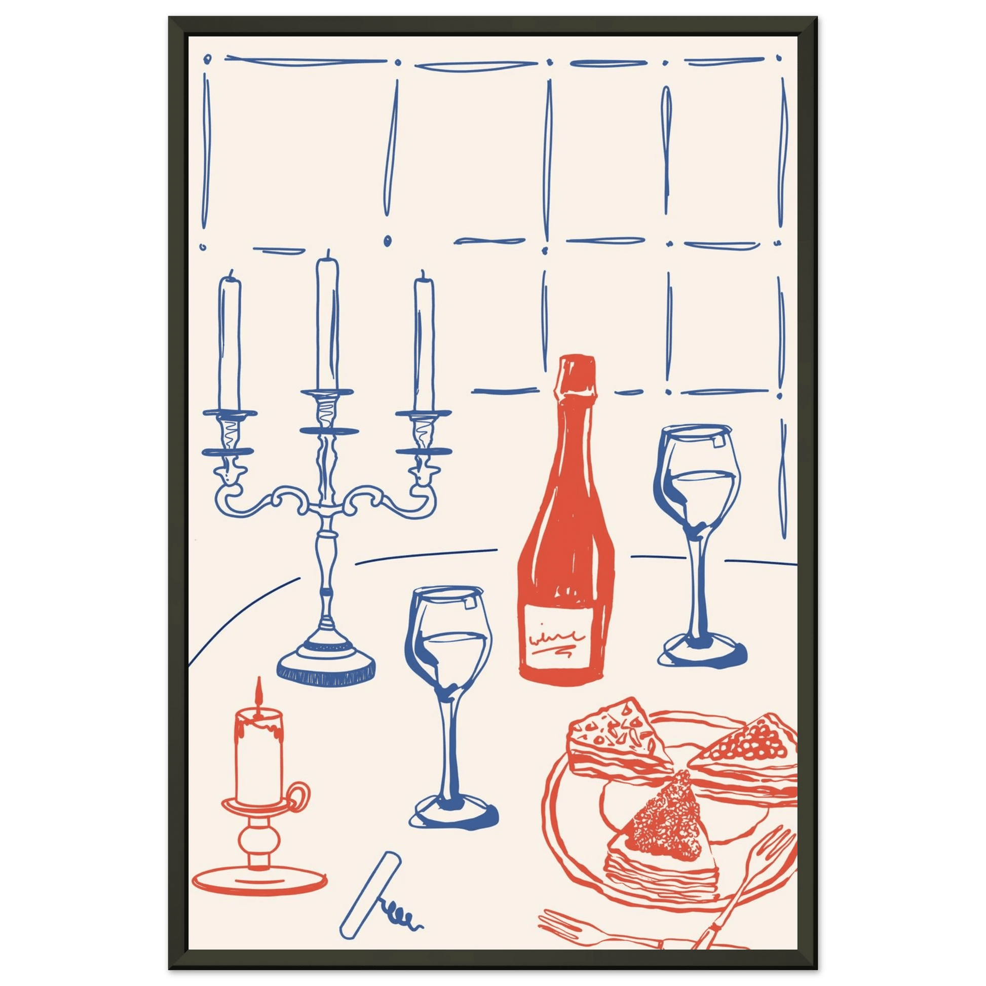 Candlelight Dinner Print | Wine & Candelabra Line Art Wall Art | Kitchen Poster - Evergreen Posters
