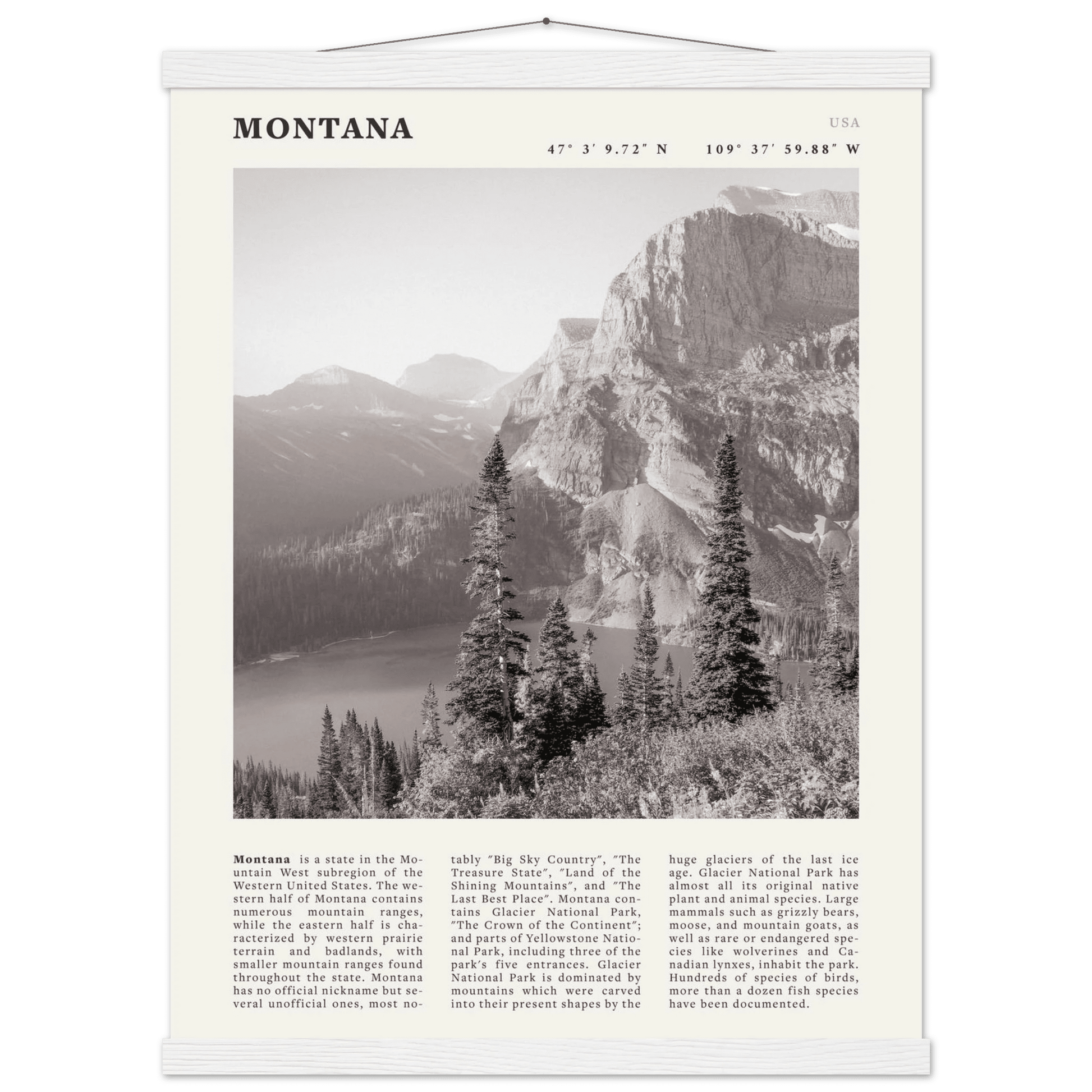 Montana Poster | Black & White Glacier National Park Wall Art | Nature Travel Print - Evergreen Posters
