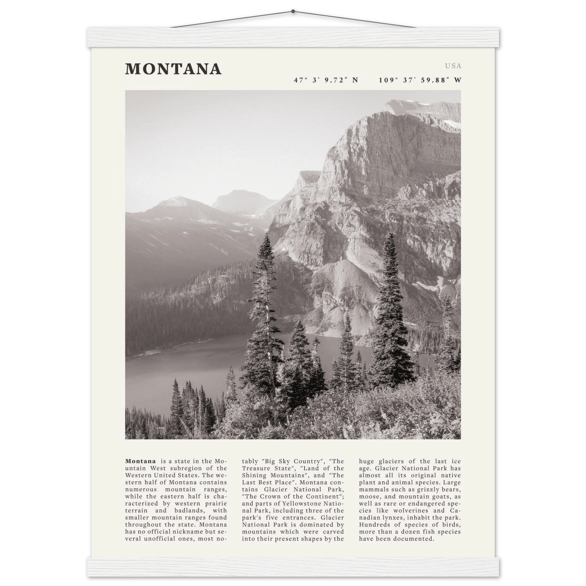 Montana Poster | Black & White Glacier National Park Wall Art | Nature Travel Print - Evergreen Posters