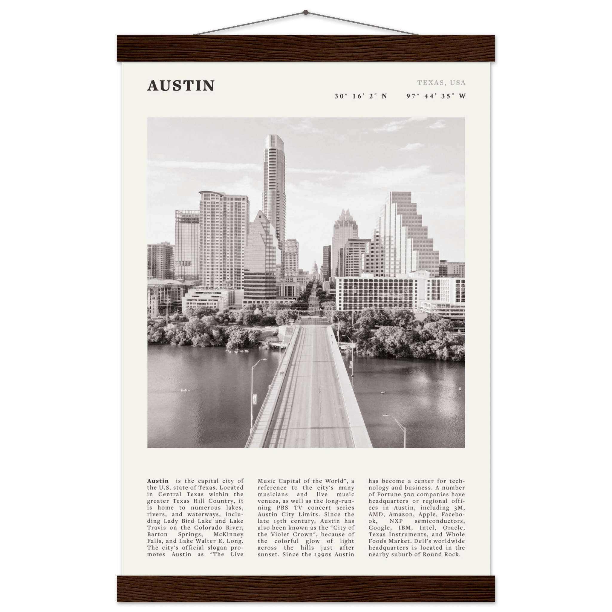 Austin Poster | Black & White Texas Skyline Wall Art | City Travel Print Decor - Evergreen Posters