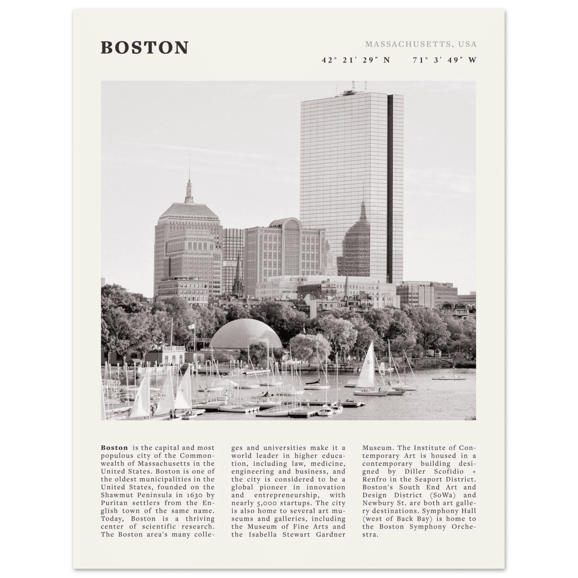Boston Poster | Black & White Charles River Skyline Wall Art | Massachusetts Print - Evergreen Posters
