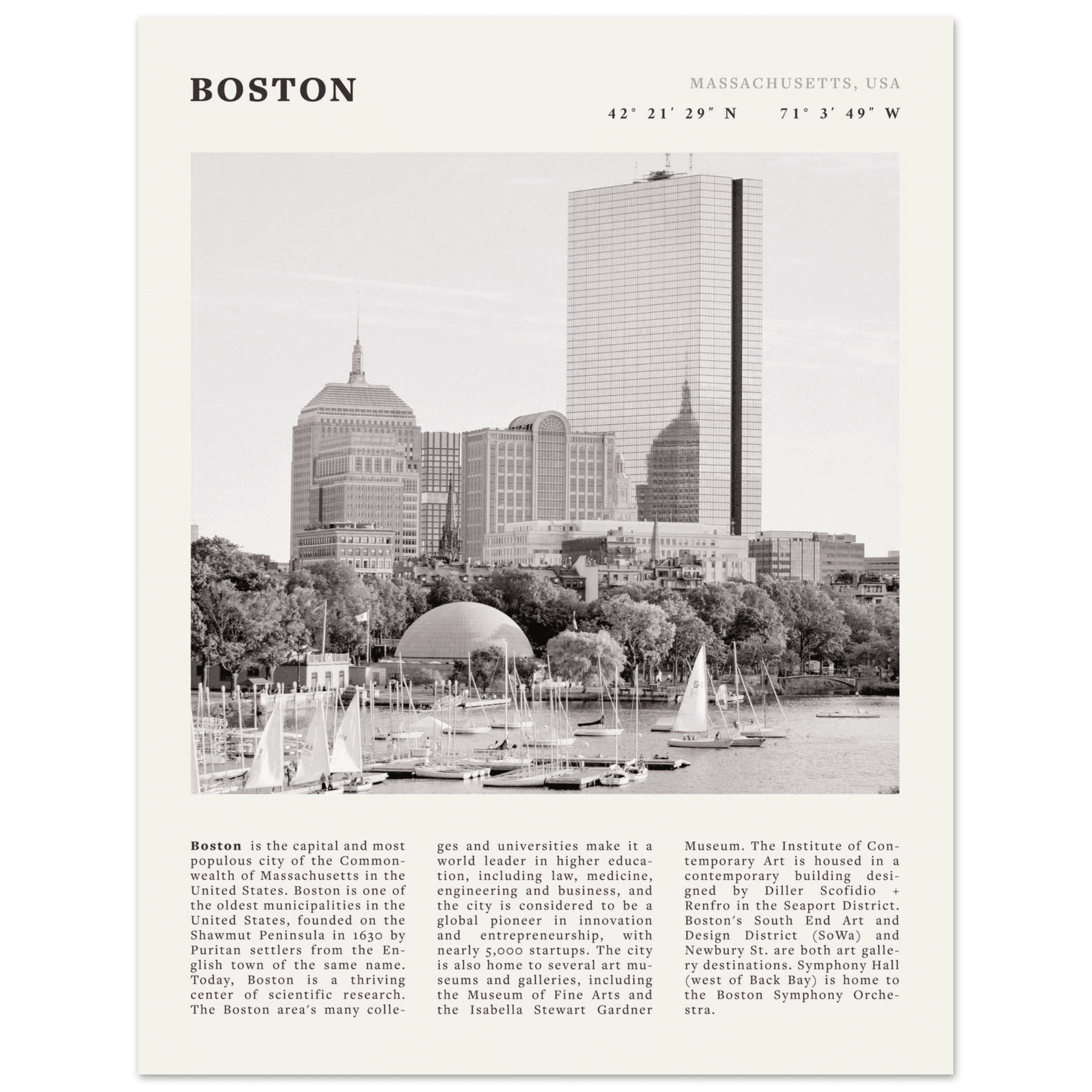 Boston Poster | Black & White Charles River Skyline Wall Art | Massachusetts Print - Evergreen Posters