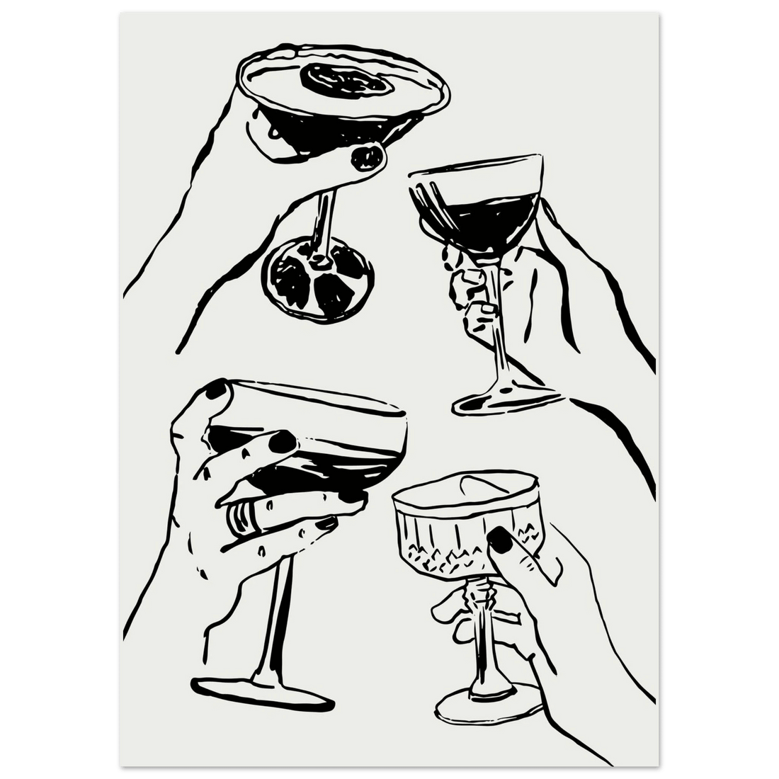 Cheers Print | Black Line Art Cocktail Glasses Wall Art | Kitchen Bar Poster - Evergreen Posters