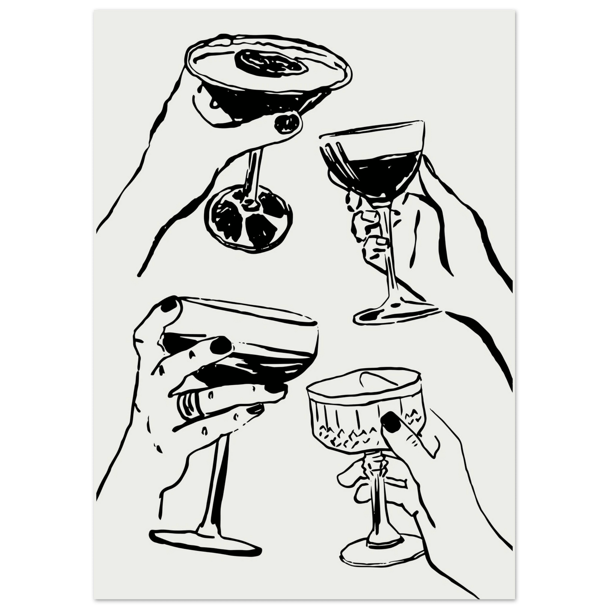 Cheers Print | Black Line Art Cocktail Glasses Wall Art | Kitchen Bar Poster - Evergreen Posters