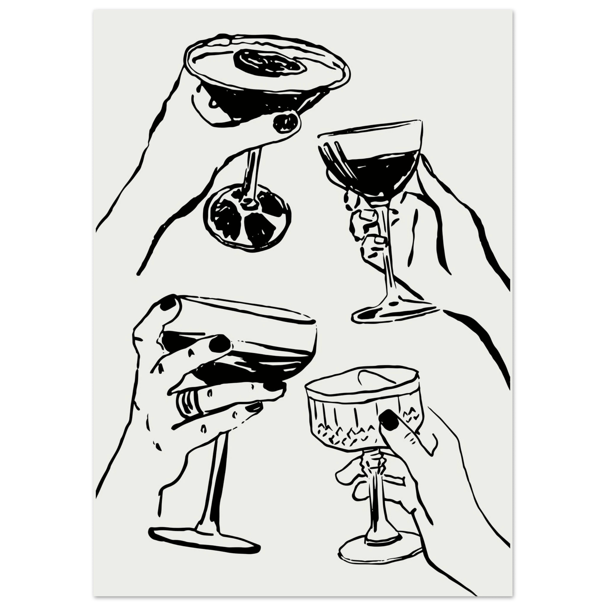 Cheers Print | Black Line Art Cocktail Glasses Wall Art | Kitchen Bar Poster - Evergreen Posters