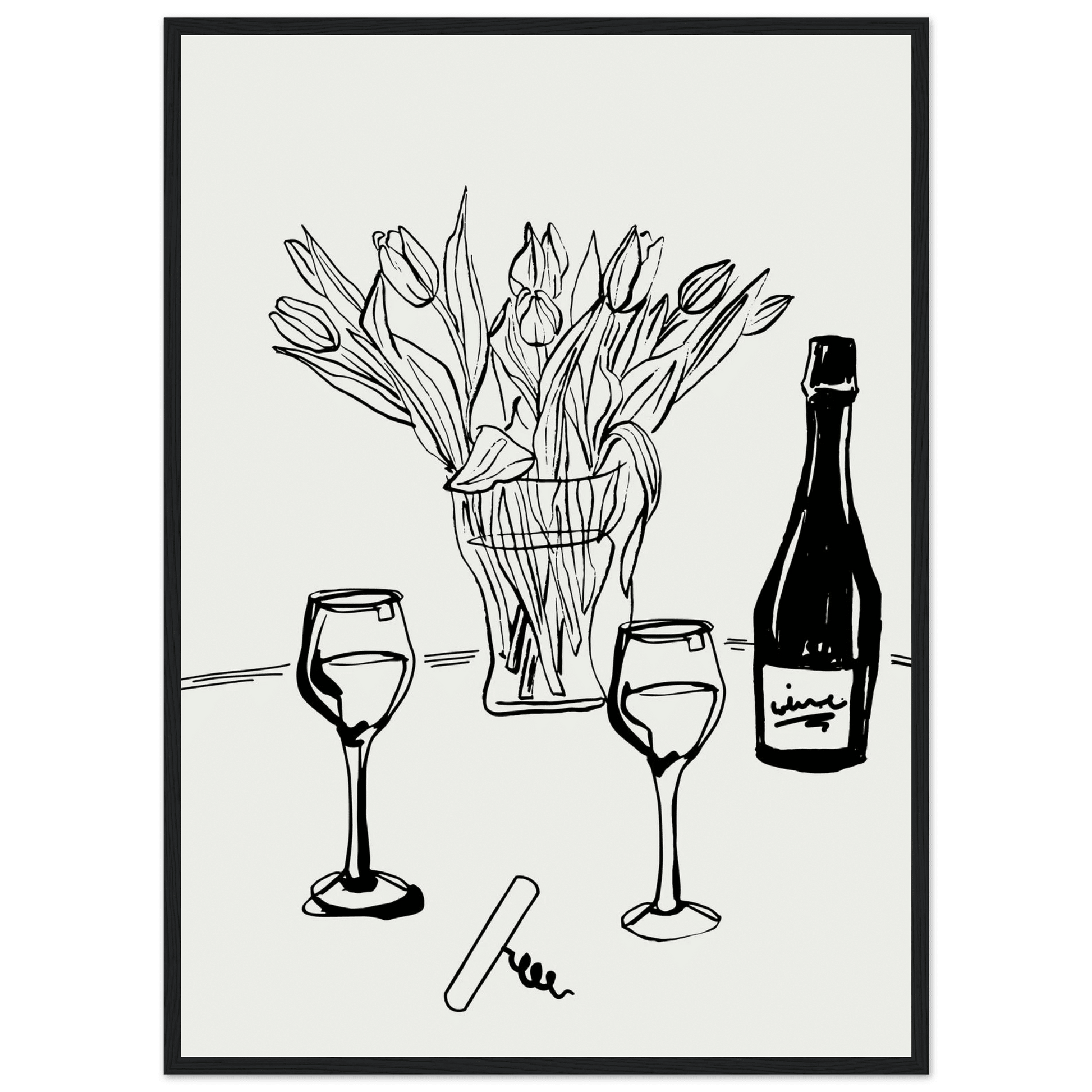 Wine & Tulips Print | Black Line Art Wine Bottle Wall Art | Minimalist Kitchen Poster - Evergreen Posters