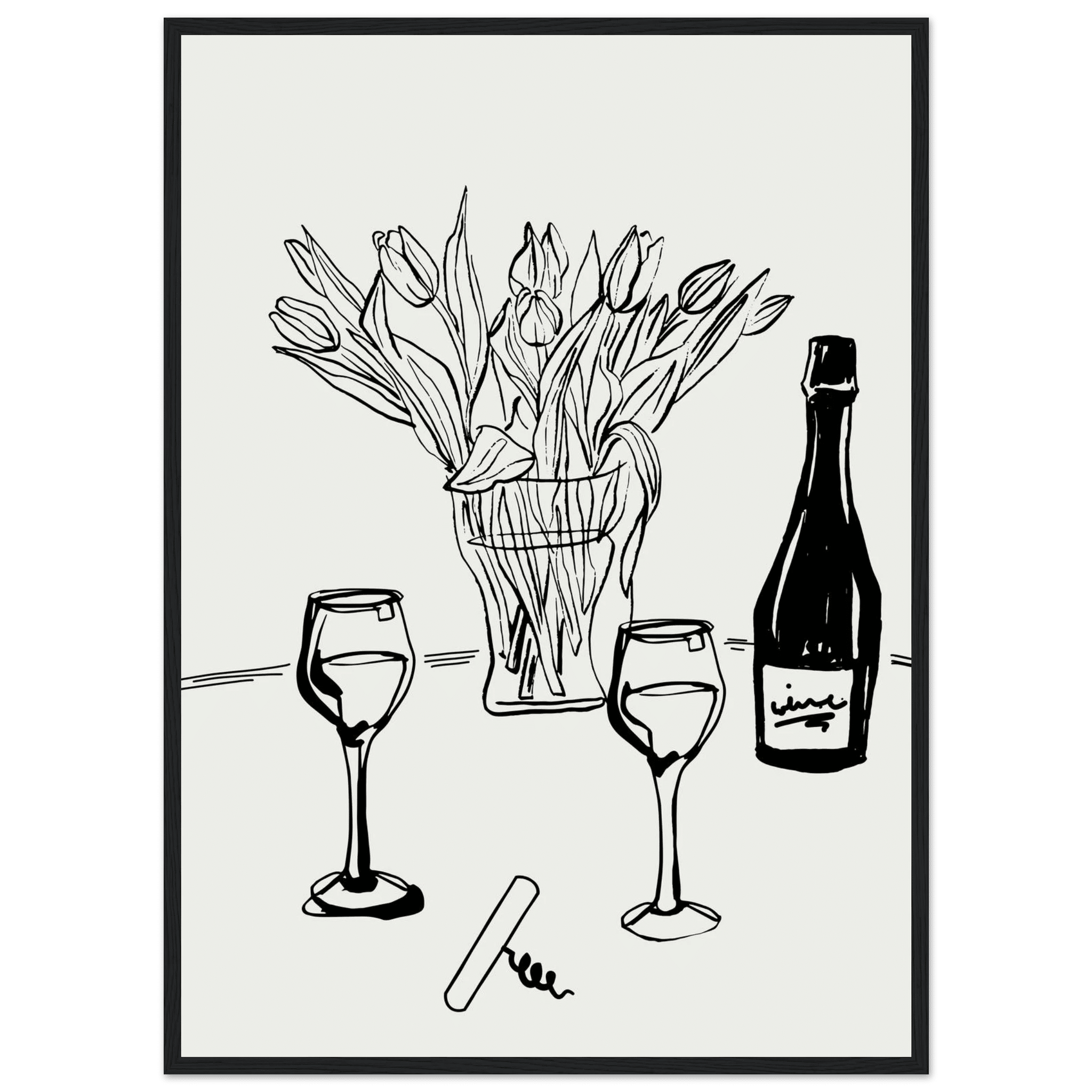 Wine & Tulips Print | Black Line Art Wine Bottle Wall Art | Minimalist Kitchen Poster - Evergreen Posters