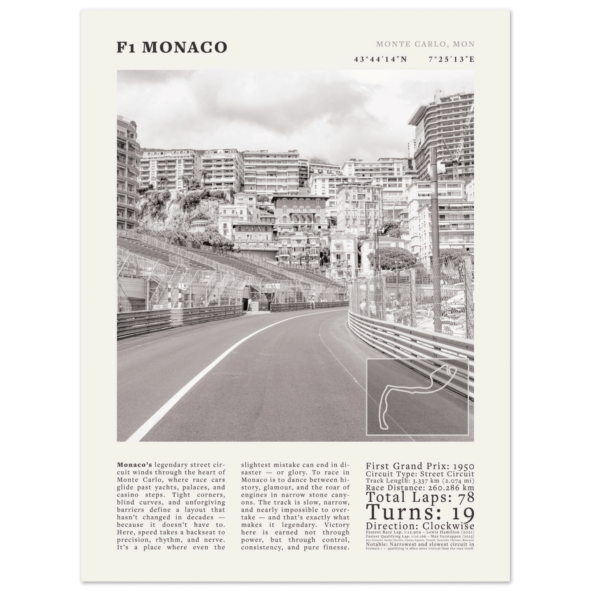 F1 Monaco Poster Black and White – Vintage Monte Carlo Street Circuit Print (Digital & Printed Options) - Evergreen Posters