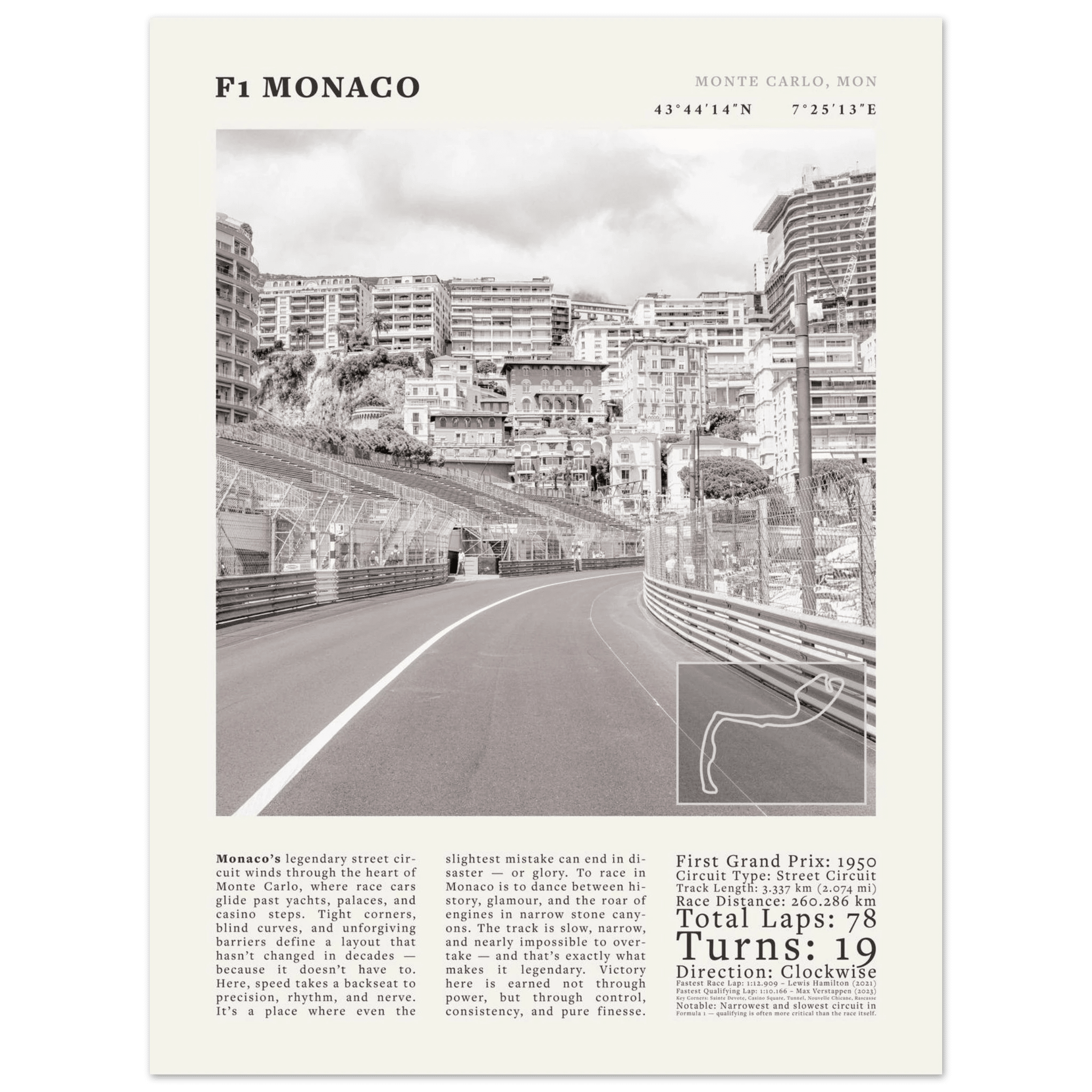F1 Monaco Poster Black and White – Vintage Monte Carlo Street Circuit Print (Digital & Printed Options) - Evergreen Posters