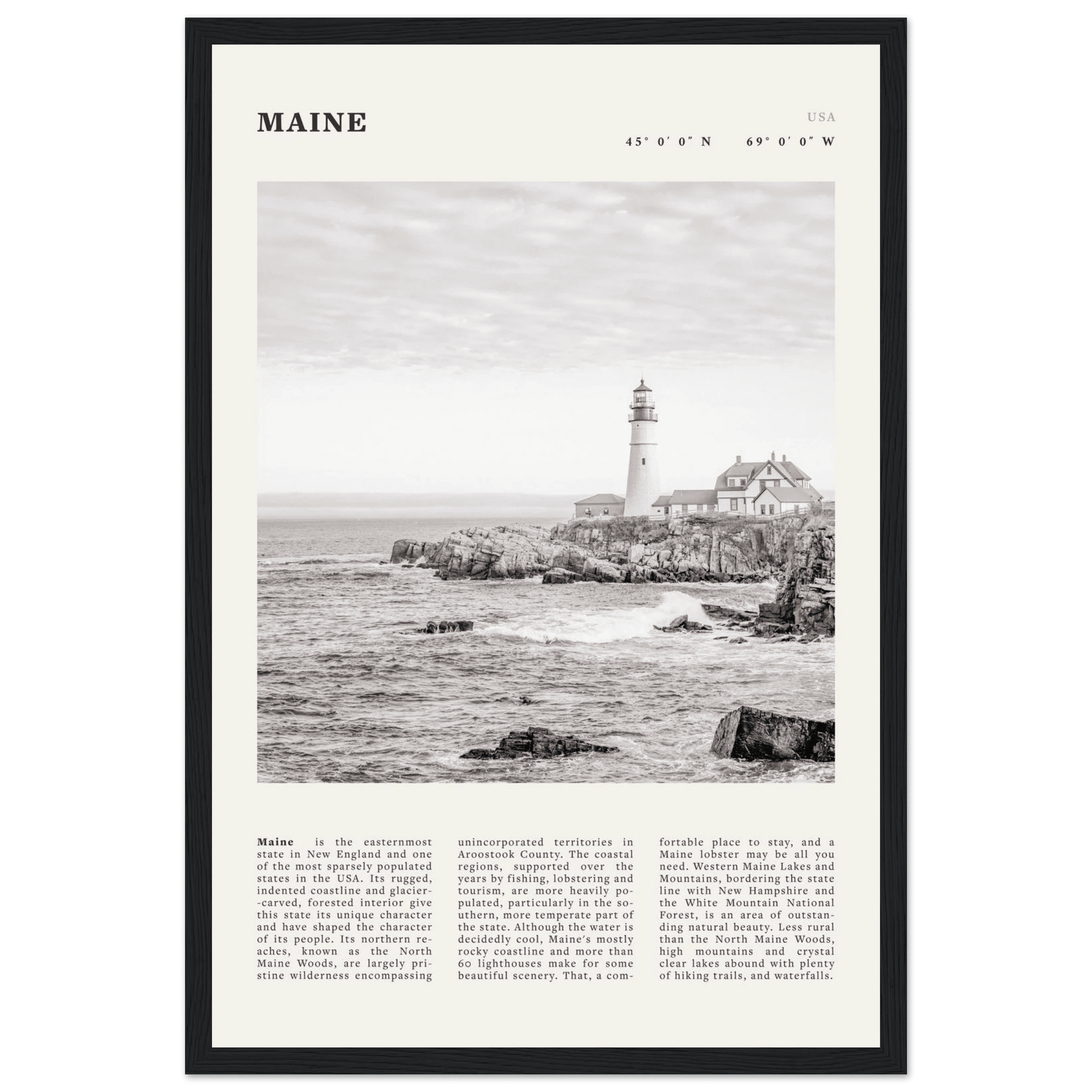 Maine Poster | Black & White Lighthouse Wall Art | New England Coastal Travel Print - Evergreen Posters