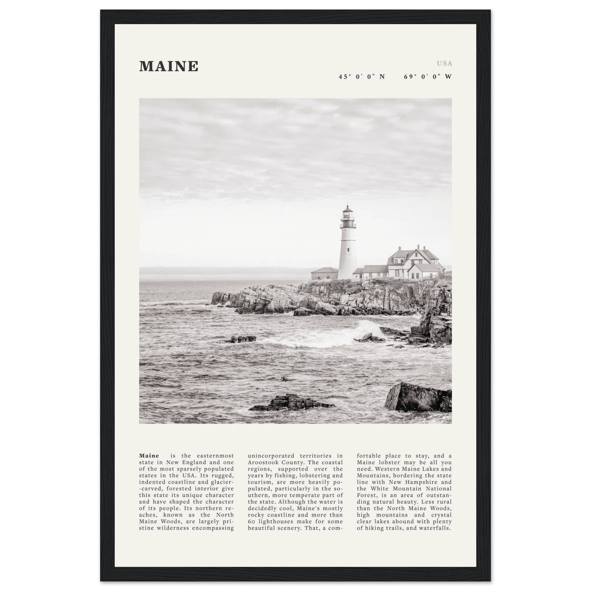 Maine Poster | Black & White Lighthouse Wall Art | New England Coastal Travel Print - Evergreen Posters