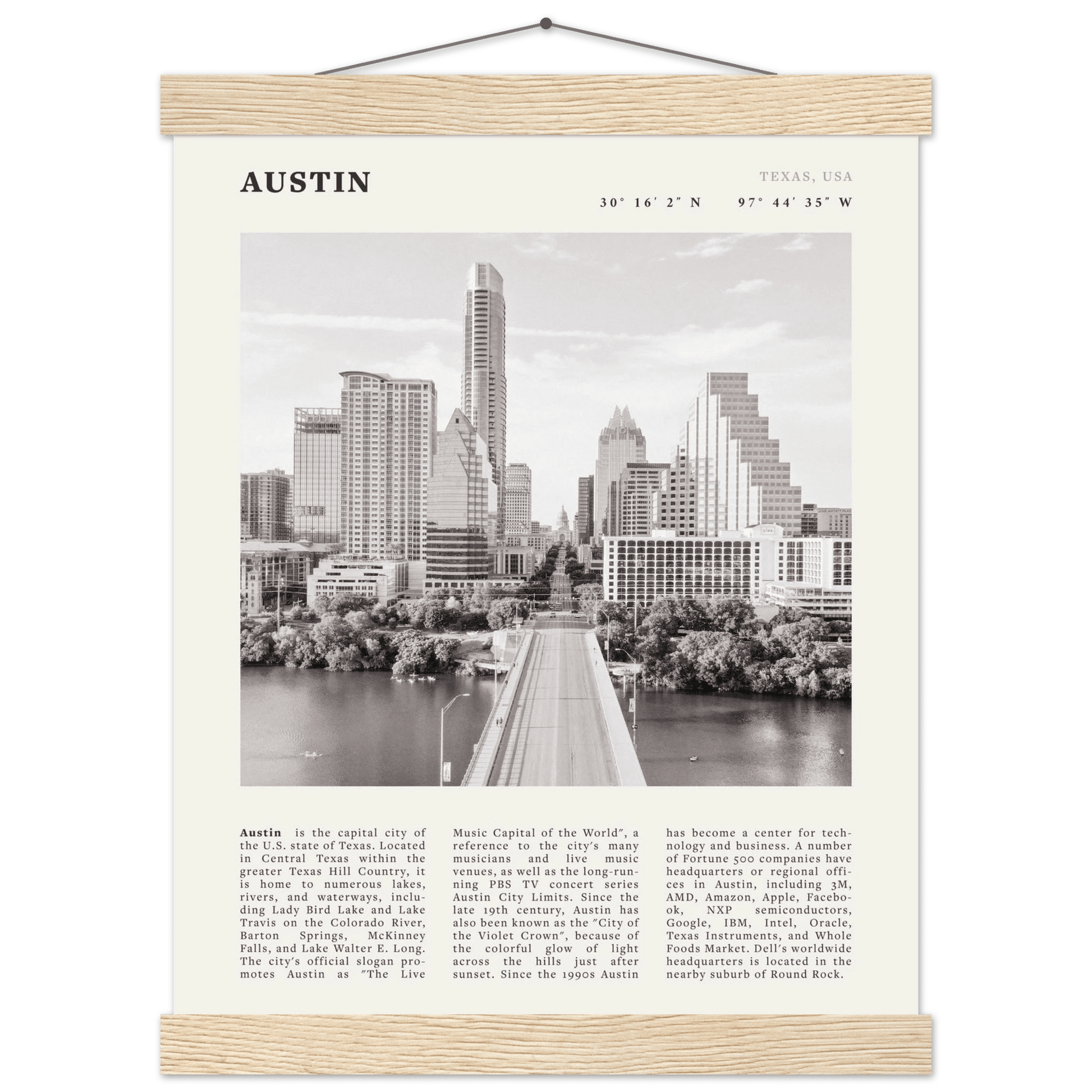 Austin Poster | Black & White Texas Skyline Wall Art | City Travel Print Decor - Evergreen Posters