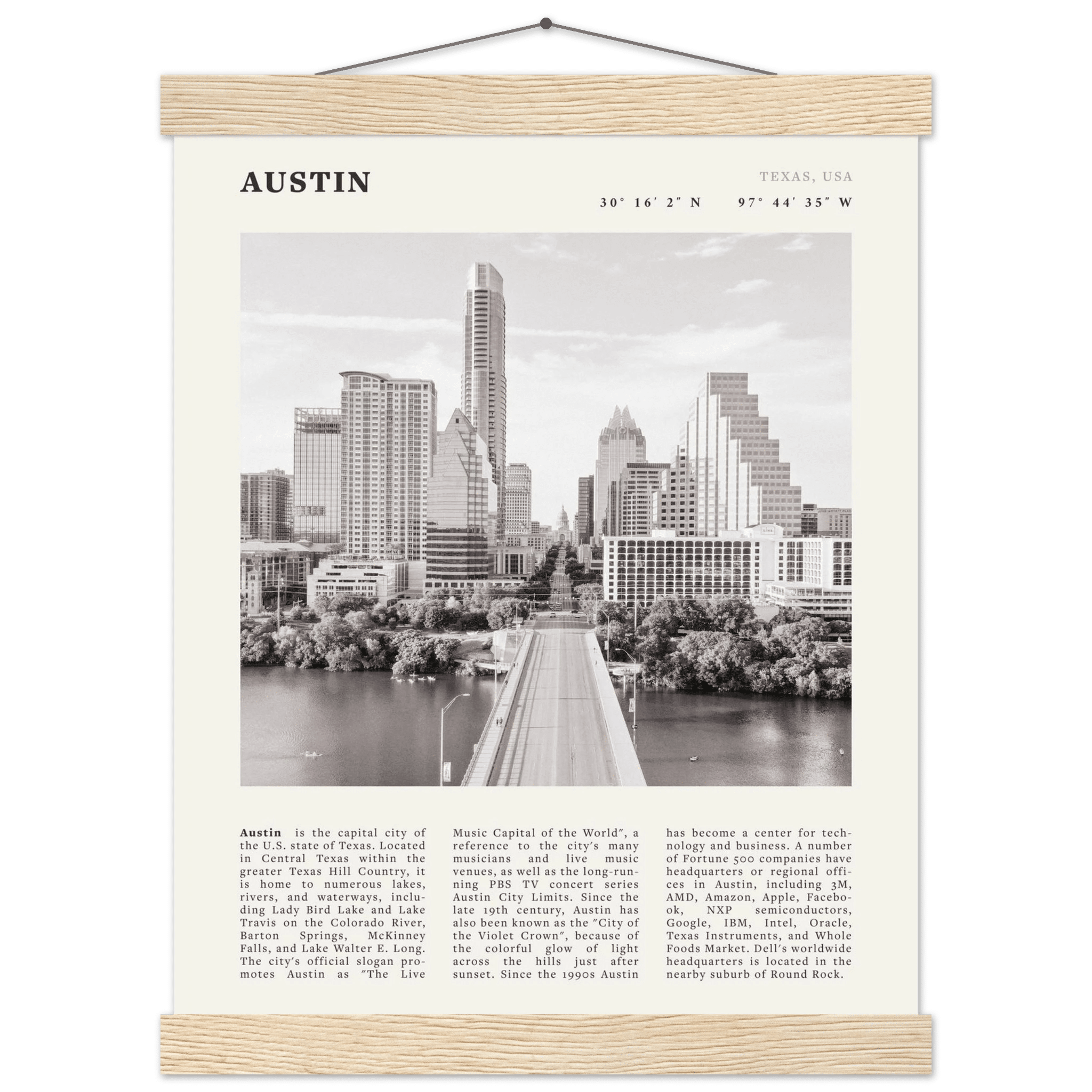 Austin Poster | Black & White Texas Skyline Wall Art | City Travel Print Decor - Evergreen Posters