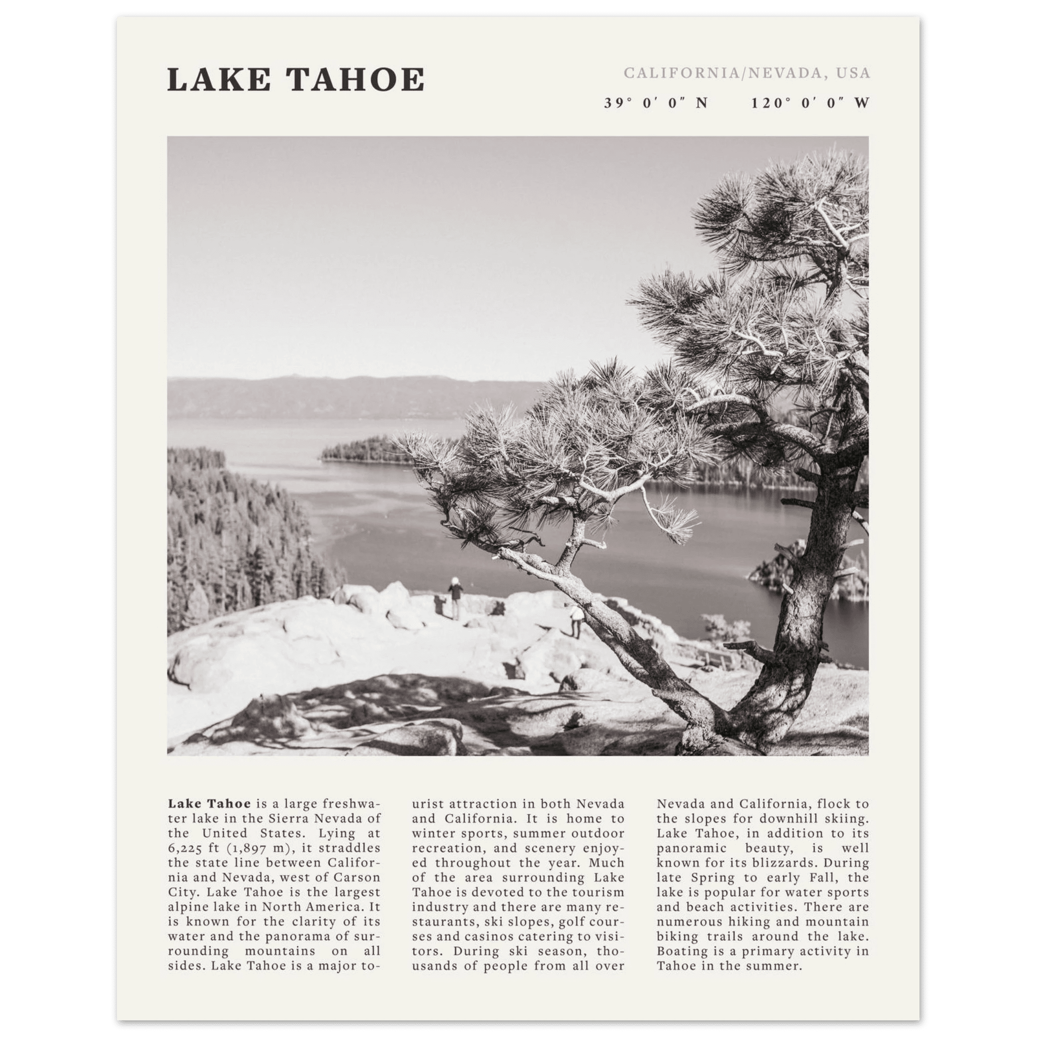 Lake Tahoe Poster | Black & White California Nevada Wall Art | Nature Travel Print Decor - Evergreen Posters