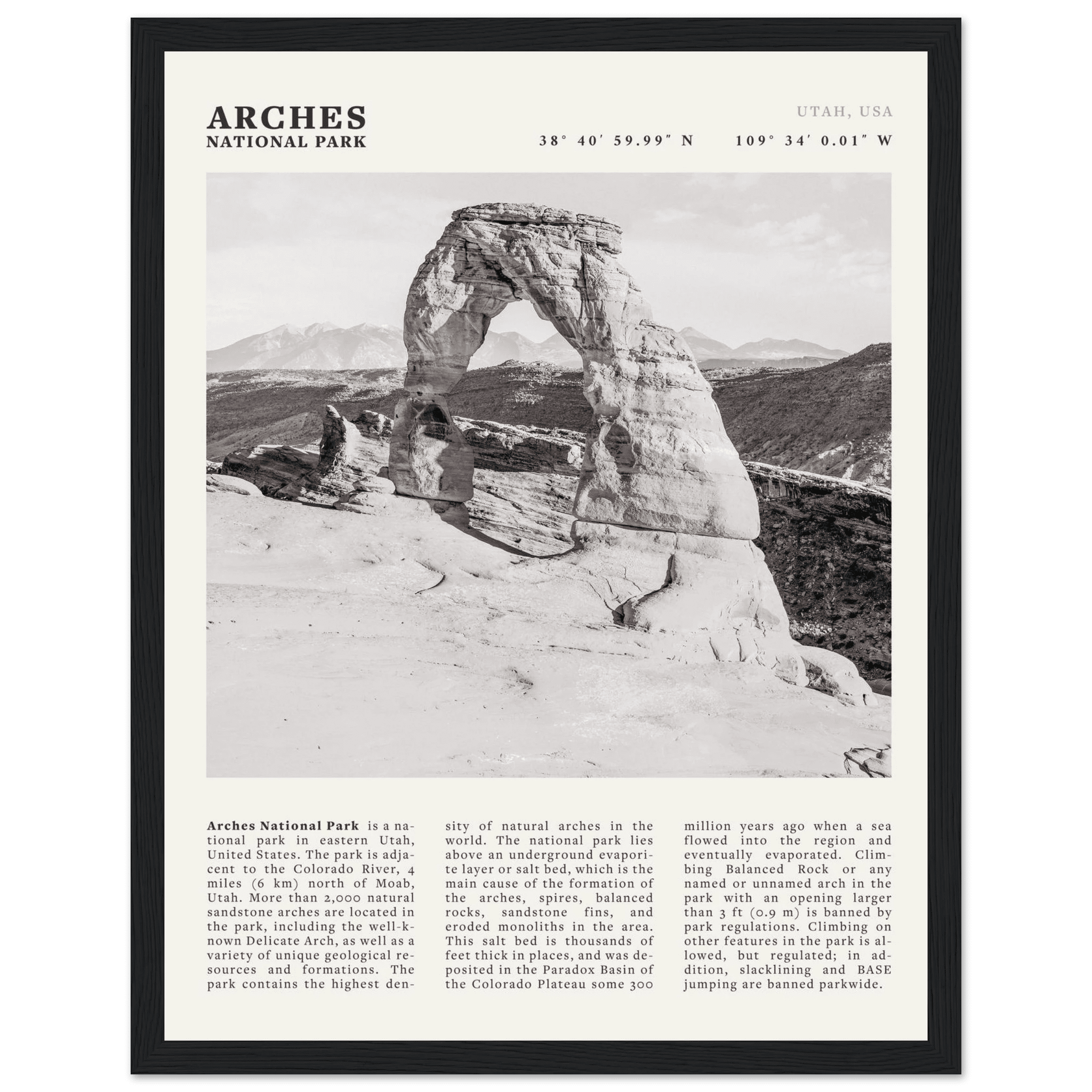 Arches National Park Poster | Black & White Utah Wall Art | Delicate Arch Print - Evergreen Posters