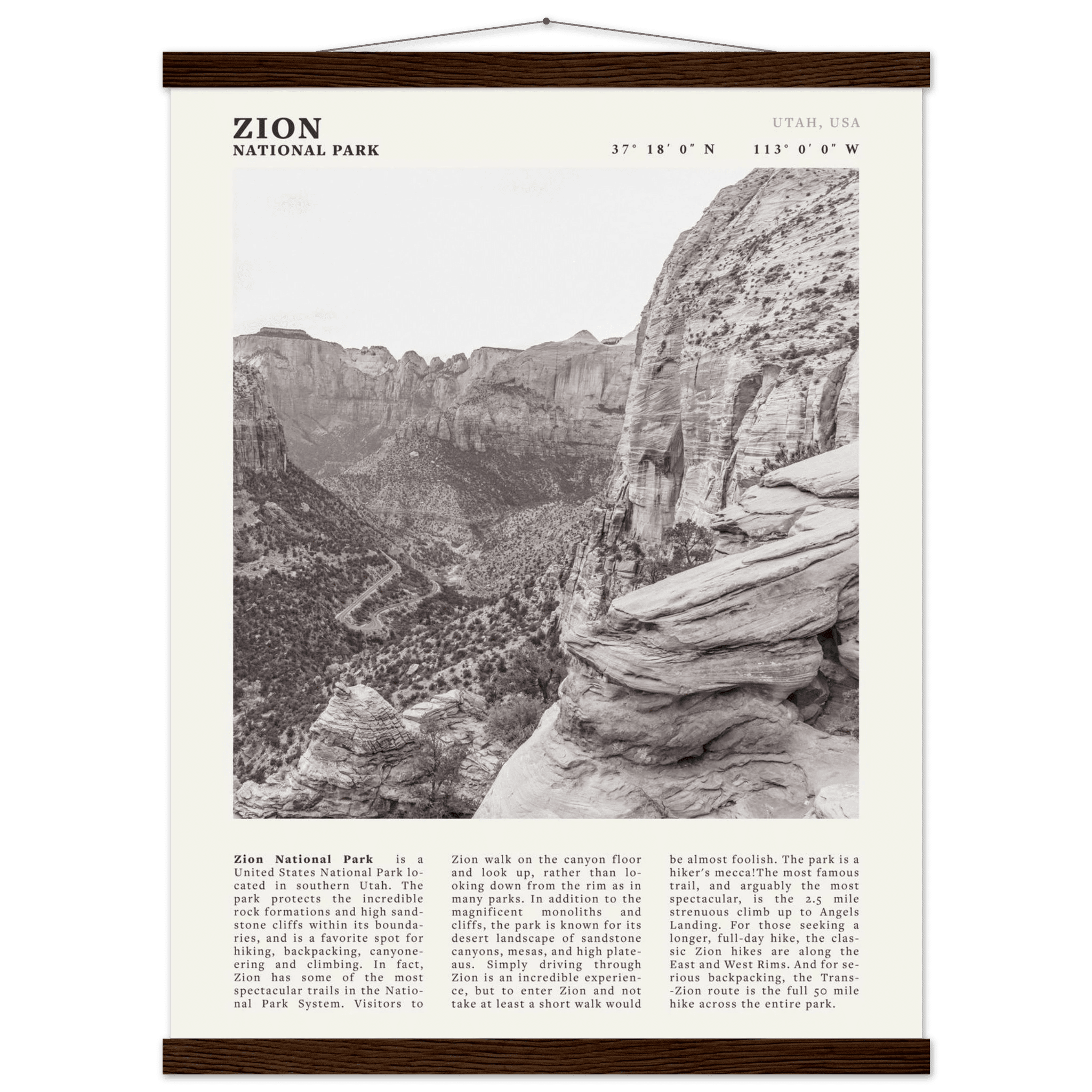 Zion National Park Poster | Black & White Utah Canyon Wall Art | USA Travel Print - Evergreen Posters