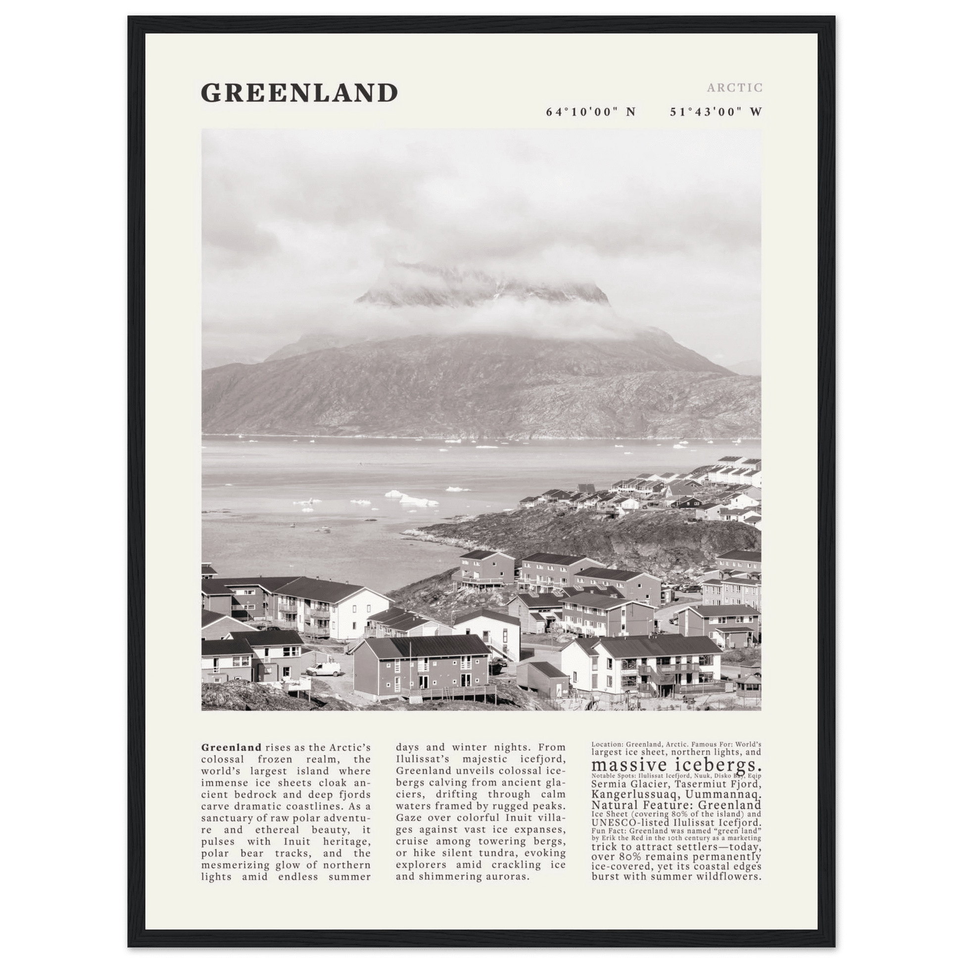 Greenland Poster Black and White – Vintage Arctic Fjord Landscape Print (Digital & Printed Options) - Evergreen Posters