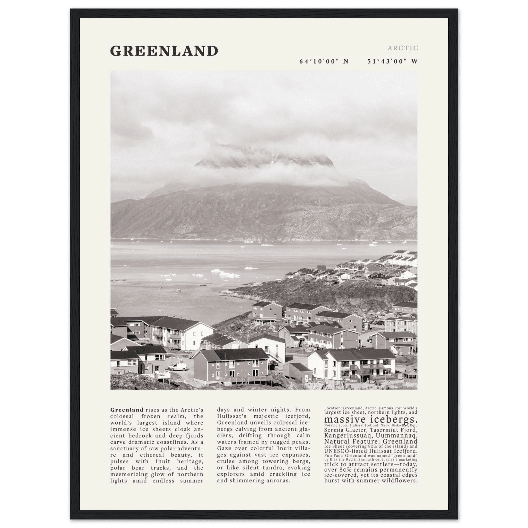 Greenland Poster Black and White – Vintage Arctic Fjord Landscape Print (Digital & Printed Options) - Evergreen Posters